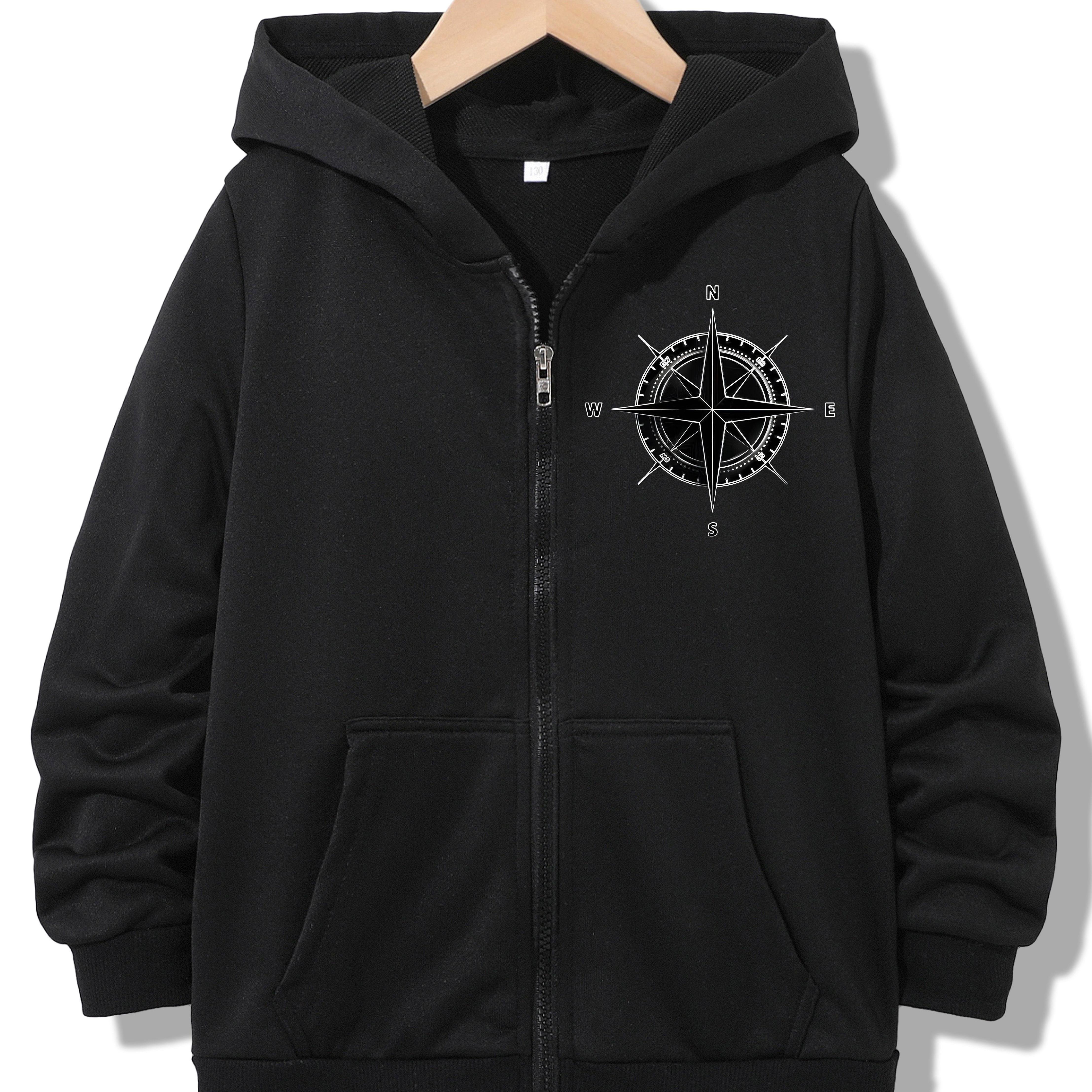 

Casual Compass Print Hooded Jacket For Teens - Unisex Polyester Zip-up Sweatshirt With Slight Stretch, Elastane Blend, Fashionable Printed Design For Spring/fall - Regular Fit Knit Fabric Hoodie