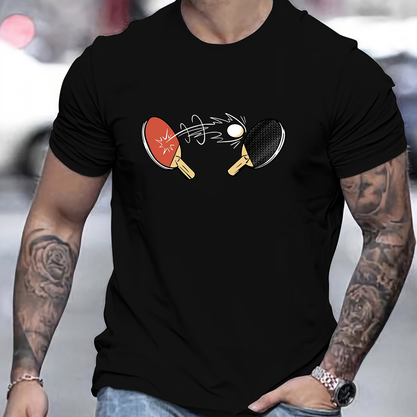 

Men's Casual Novelty T-shirt, Table Tennis Creative Print Short Sleeve Summer Top, Comfort Fit, Stylish Crew Neck Tee For Daily Wear