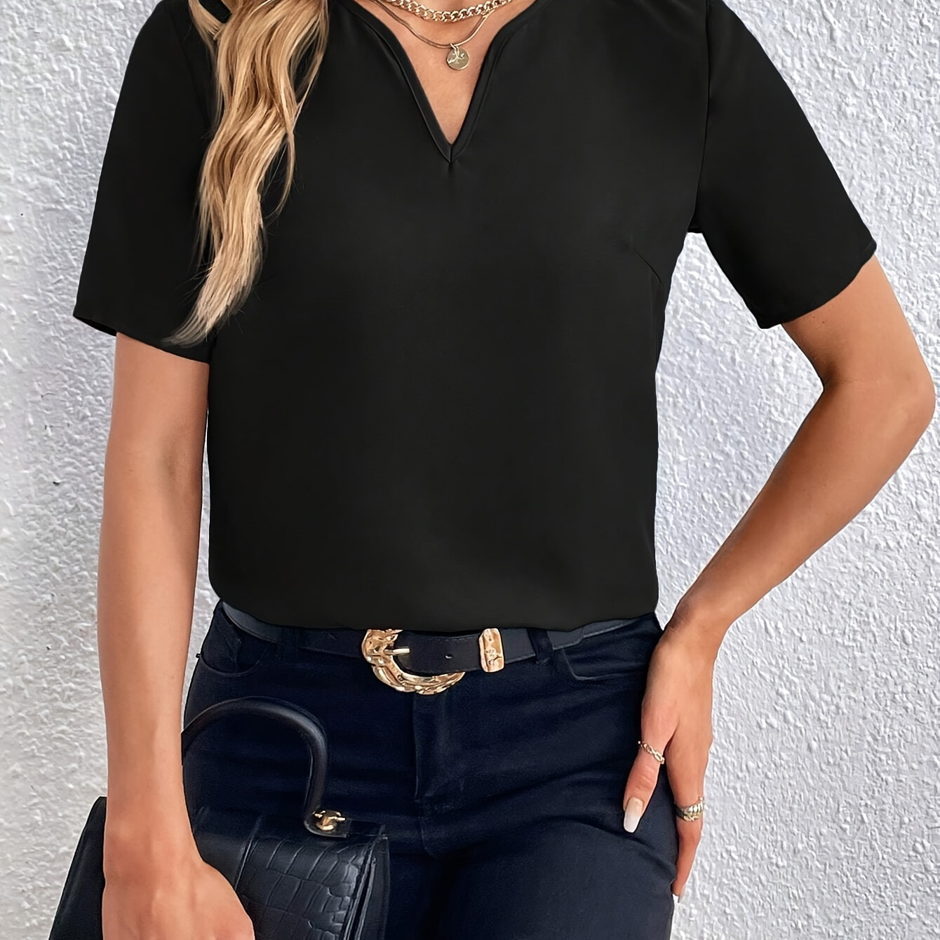 

Solid Color Notched Neck Blouse, Elegant Short Sleeve Blouse For Spring & Summer, Women's Clothing