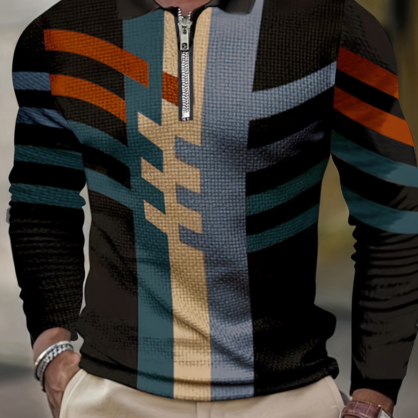 

Vintage Color Block Waffle Men's Comfy Long Sleeve Zipper Lapel Shirt For Spring Fall