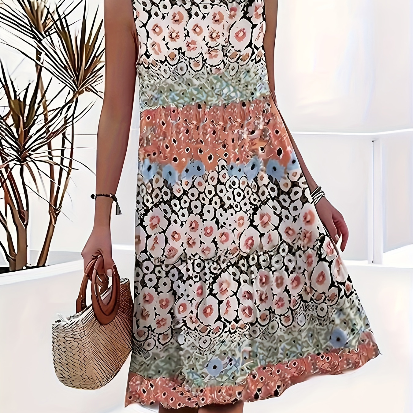 

Floral Patchwork Print Tank Dress, Vacation Sleeveless Crew Neck Dress, Women's Clothing