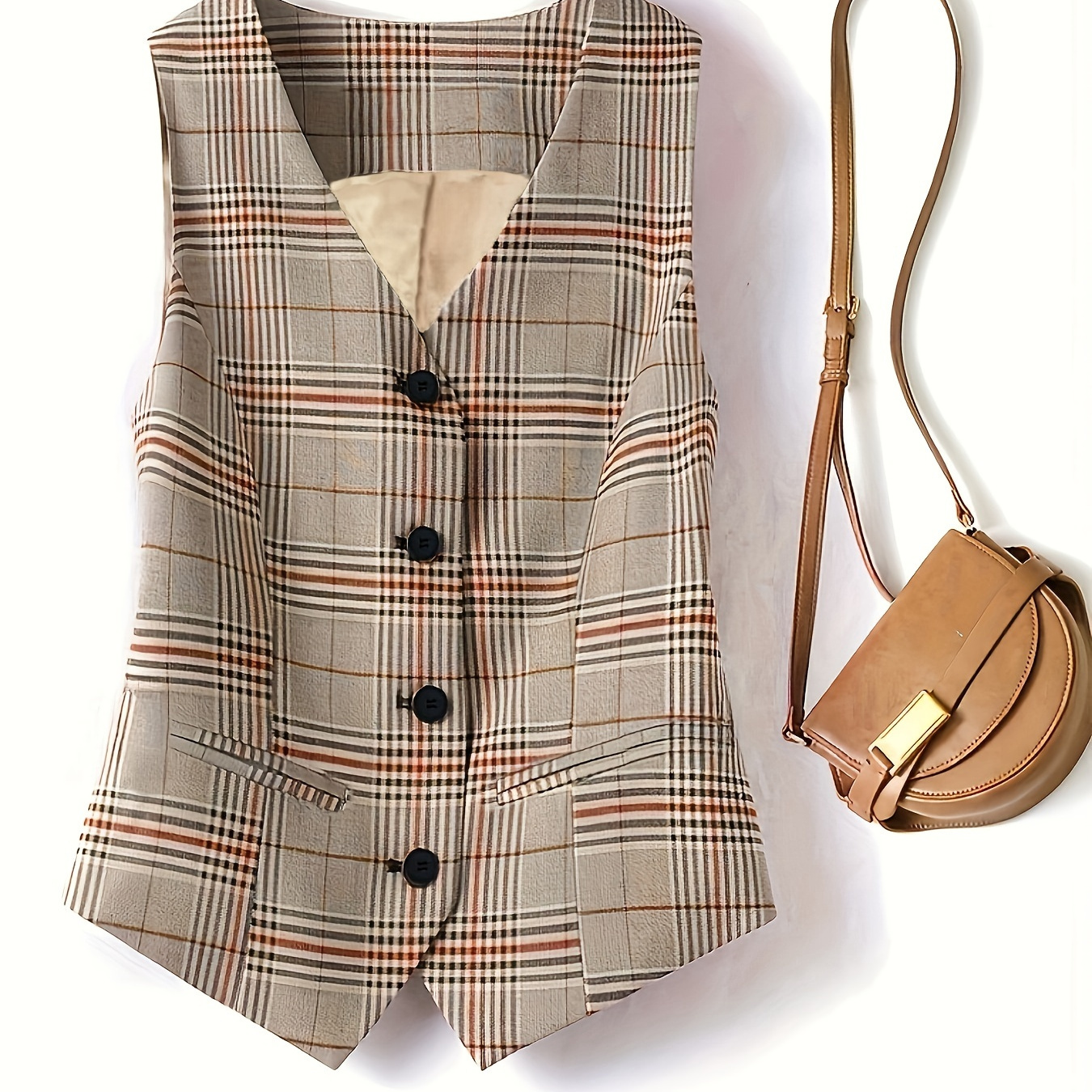 

Gilet Blazer à Carreaux Élégant pour Femme - Coupe Slim, Col en V, Taille Boutonnée, Style Rétro Beige & Marron, Polyester, Lavable en Machine, Gilet Chic Toutes pour ou Tenues Décontractées