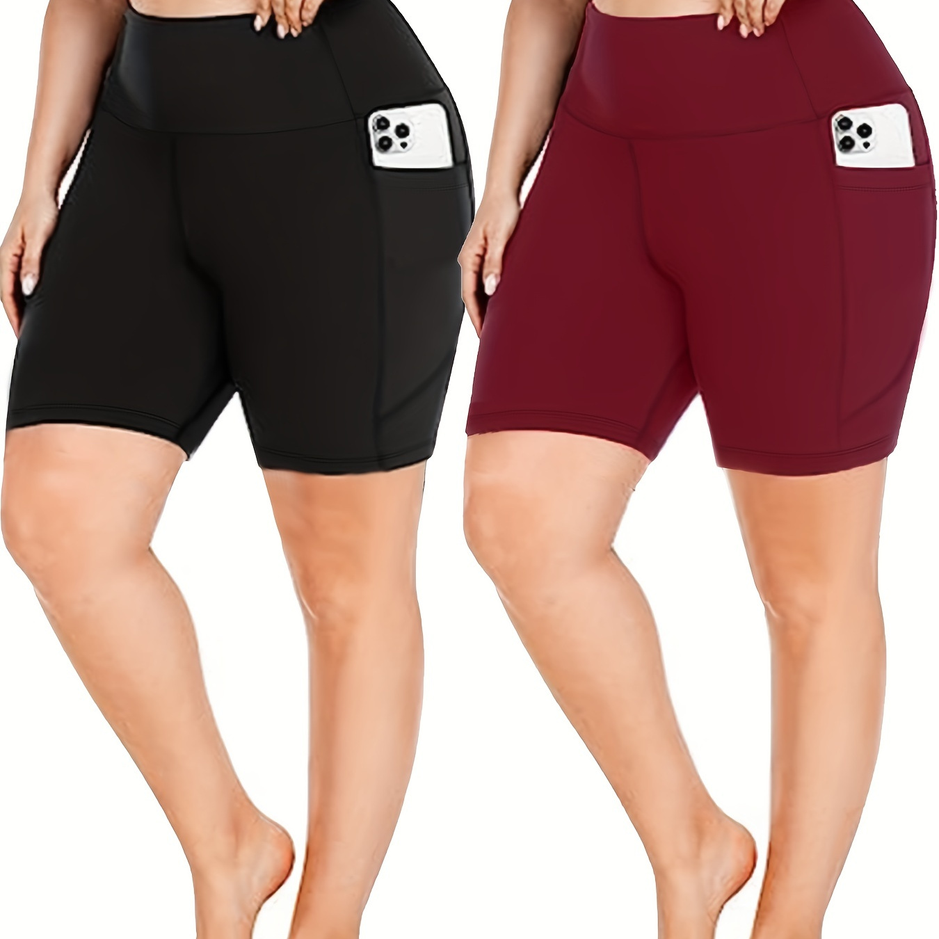 

2 Pack Plus Size Sports Shorts Set, Women's Plus Solid High Rise Medium Stretch Yoga Shorts With Phone Pockets 2pcs Set