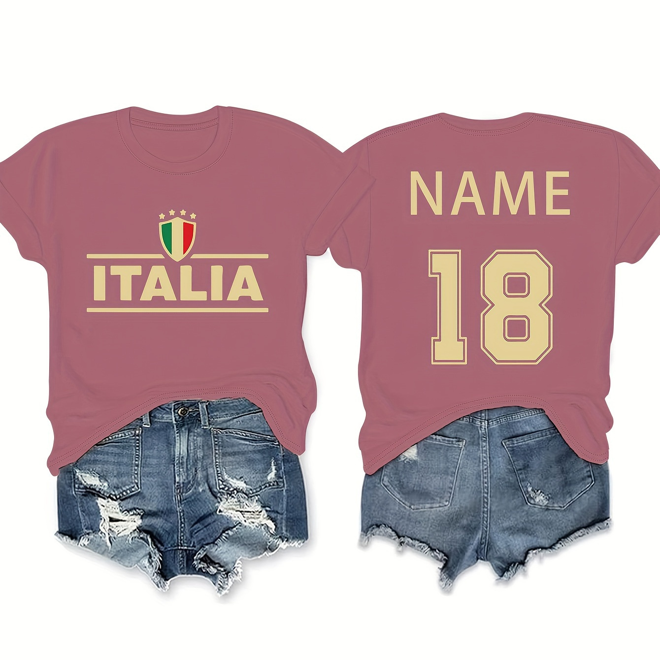 

Italy Soccer Print Crew Neck T-shirt, Casual Customized With Name & Number On The Back Short Sleeve T-shirt For Spring & Summer, Women's Clothing