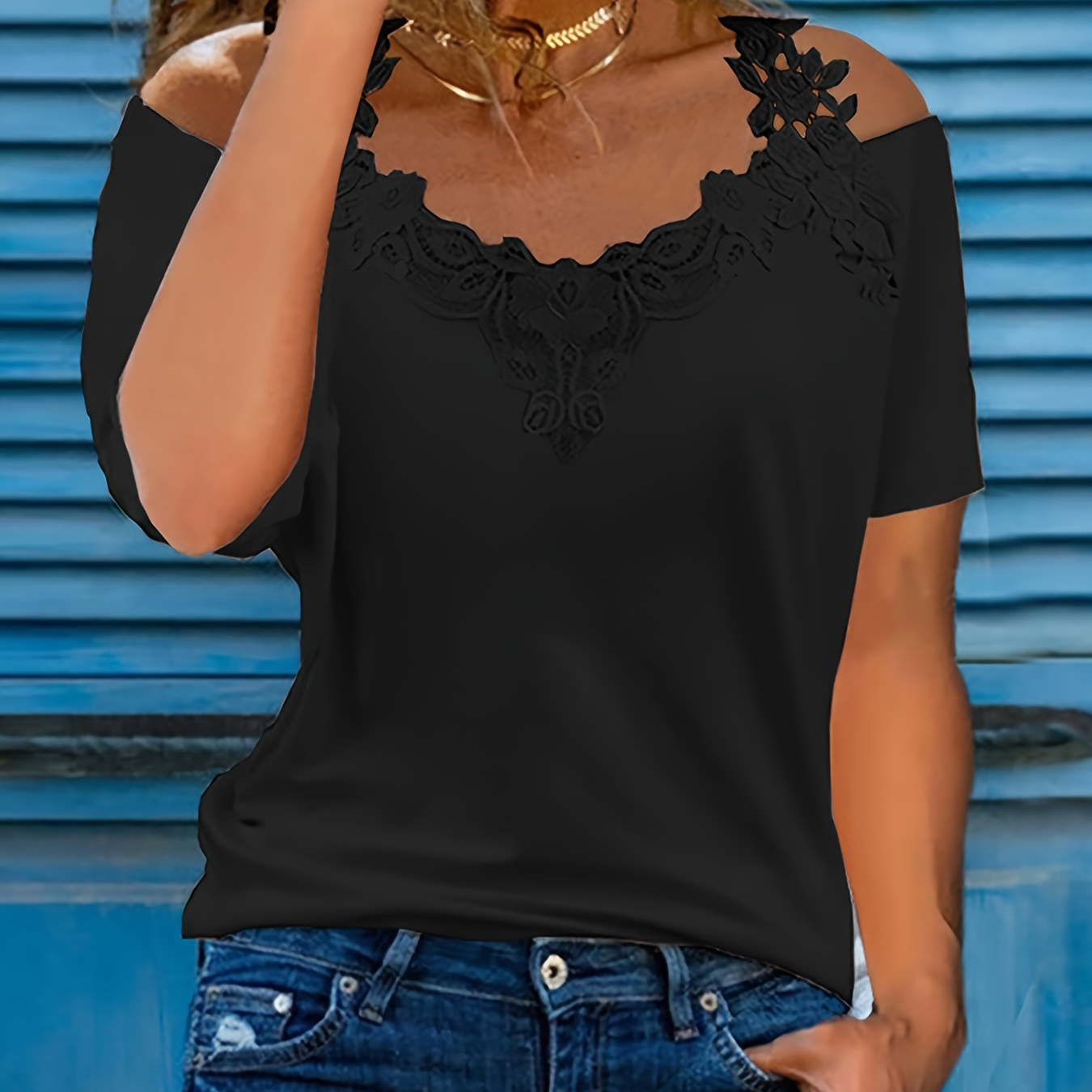 

Lace Cold Shoulder T-shirt, Sexy Short Sleeve Casual Top For Spring & Fall, Women's Clothing