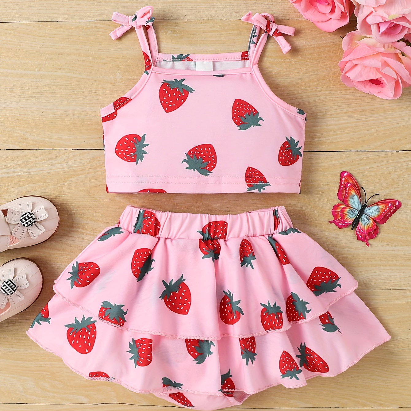 

Infant Baby Girls 2pcs Set, Summer Baby Strawberry Print Bow Suspender Top Fancy Funky Skirt Set, Baby Soft Comfortable Loose Breathable Two-piece Set