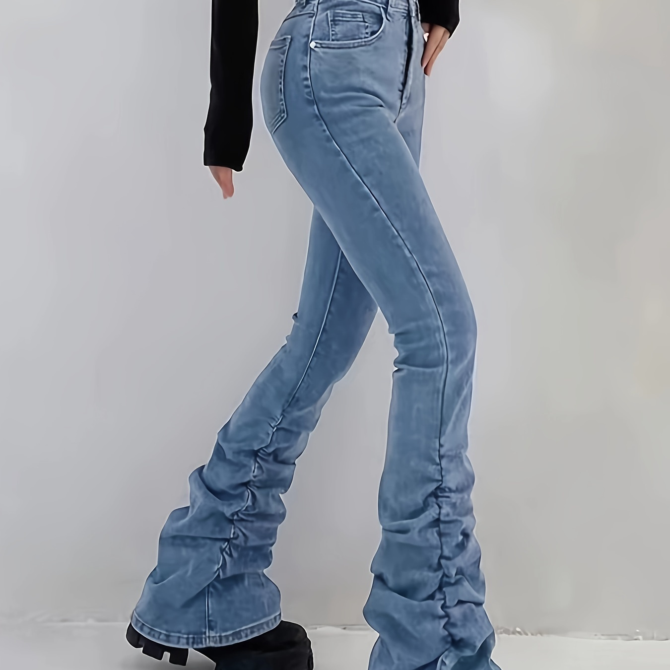 

High Waist Chic Stacked Jeans, Slant Pockets High Stretch Bootcut Jeans, Women's Denim Jeans & Clothing