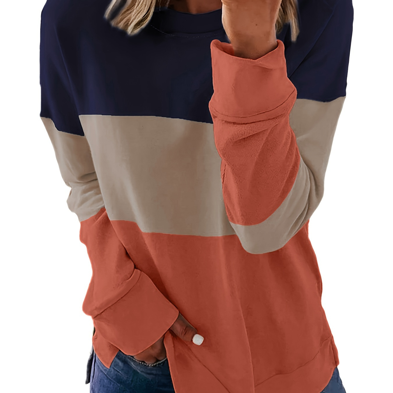 

Color Block Crew Neck Sweatshirt, Casual Fashion Loose Long Sleeve Pullover, Women's Clothing