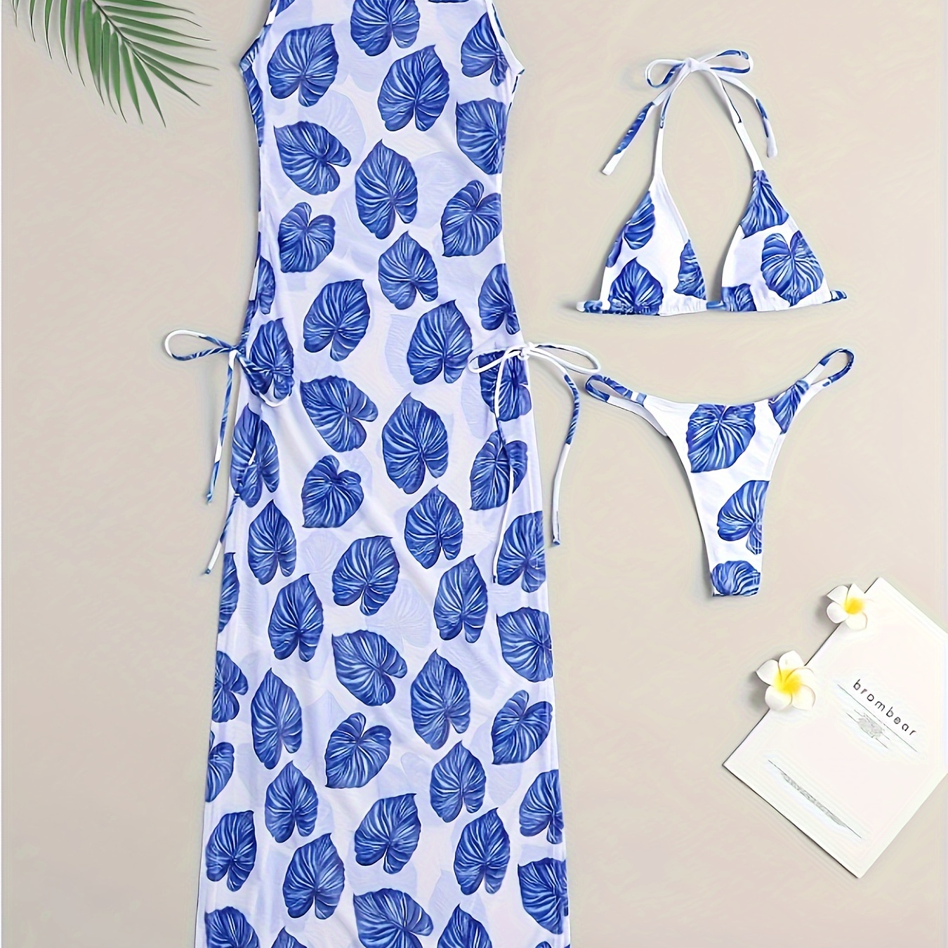 

Leaf Print 3 Piece Set Bikini, Halter V Neck High Cut With Round Neck Tie Side Cover Up Dress Swimsuits, Women's Swimwear & Clothing Triangle Top