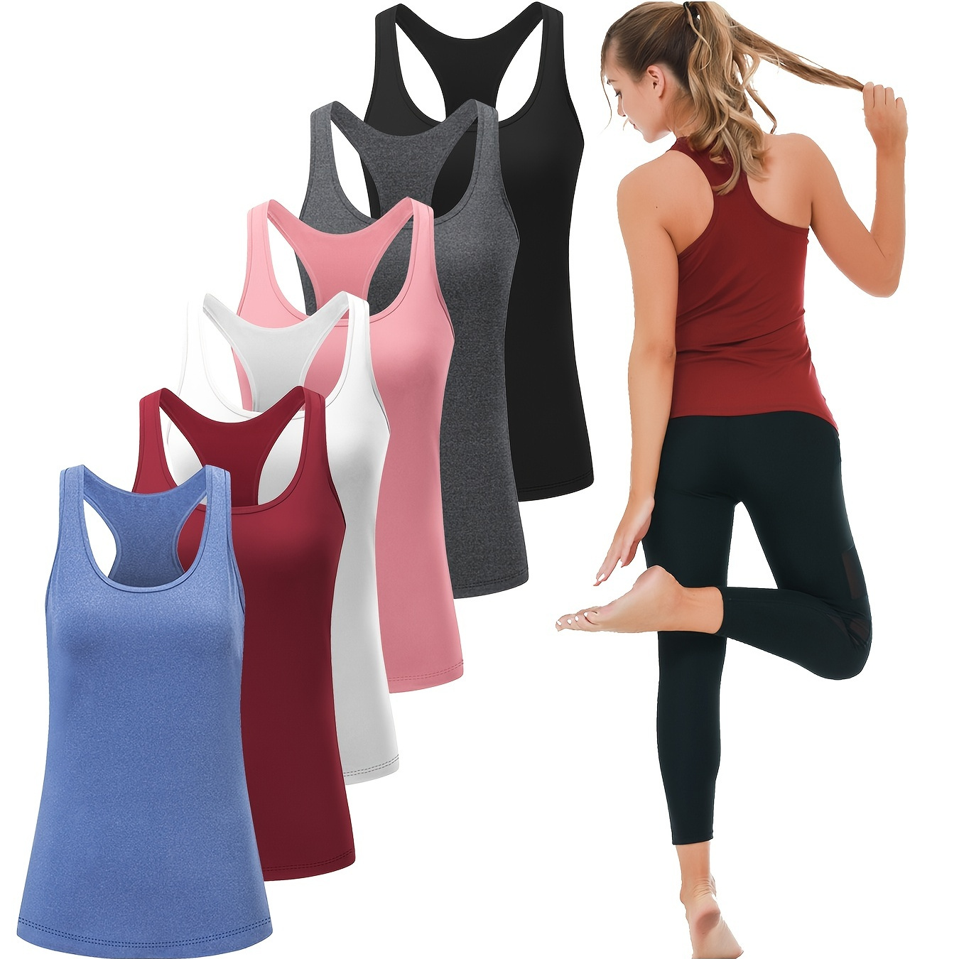 6 Packs Workout Tank Tops For Women, Round Neck Athletic Racerback Sports Sleeveless Tank Tops, Women's Activewear