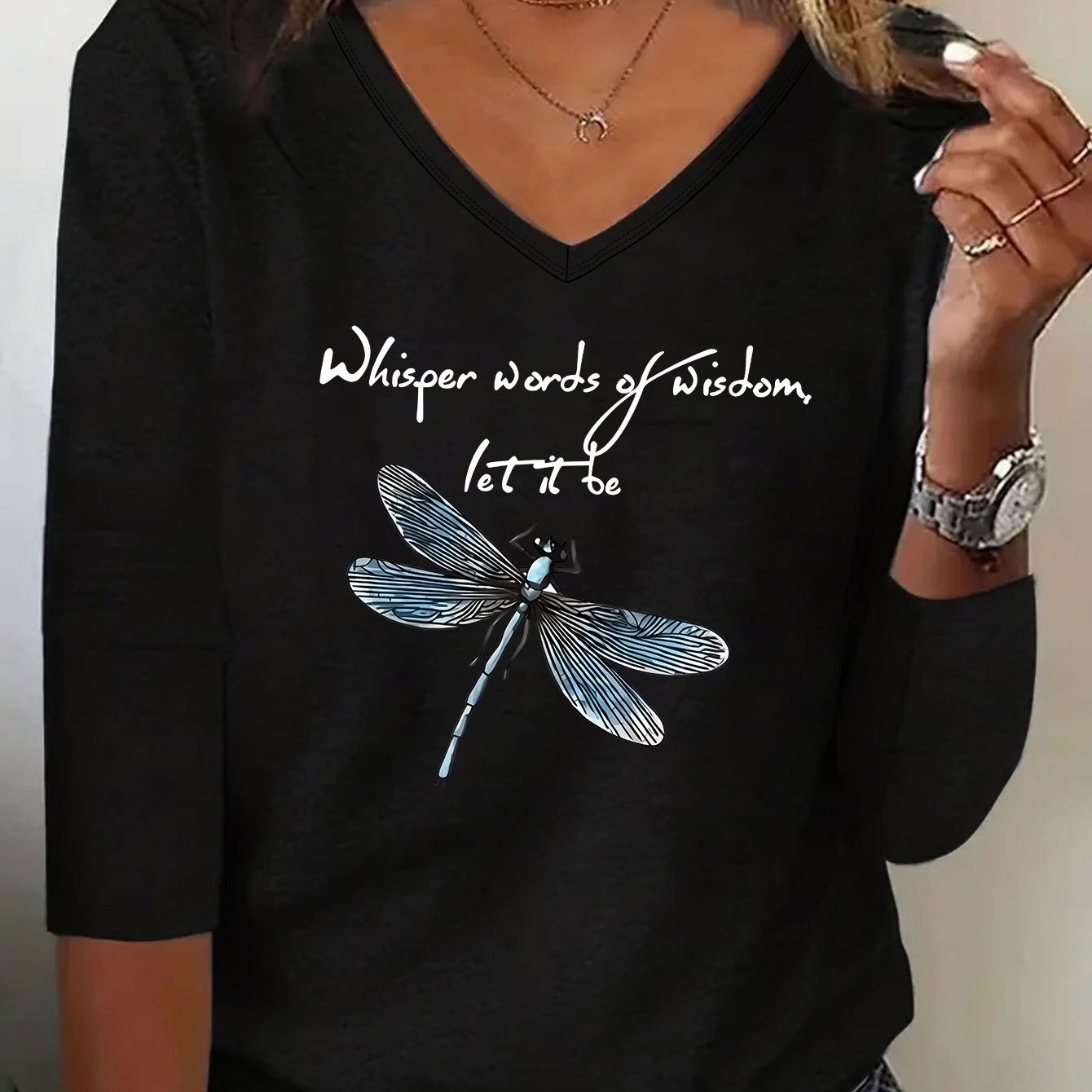 

Dragonfly Print V Neck T-shirt, Long Sleeve Casual Top For Spring & Fall, Women's Clothing