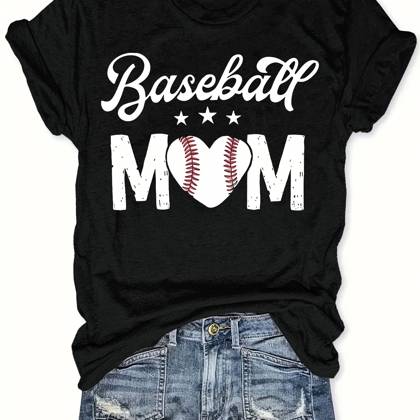 

Baseball Mom Print Crew Neck T-shirt, Short Sleeve Casual Top For Summer & Spring, Women's Clothing