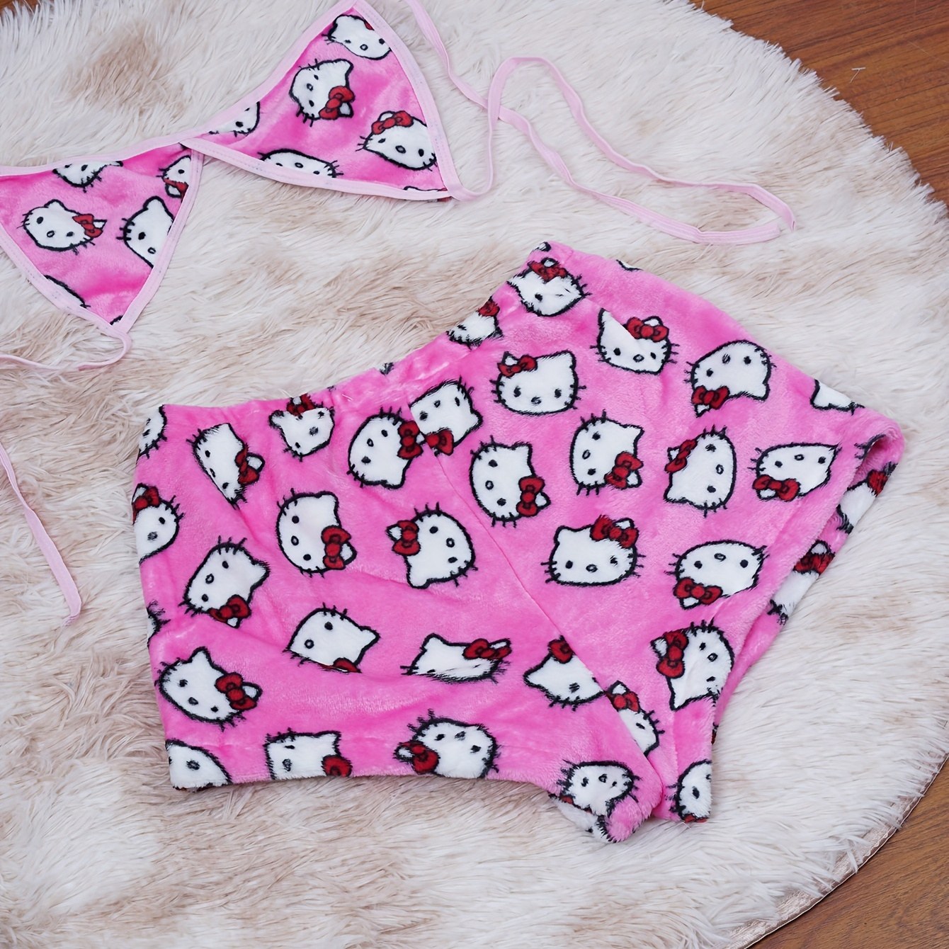 

Women's 2-piece Hello Kitty Pajama Set, Cute Cartoon Print Sleepwear, Soft Fleece Thickened Sleep Wear For Home