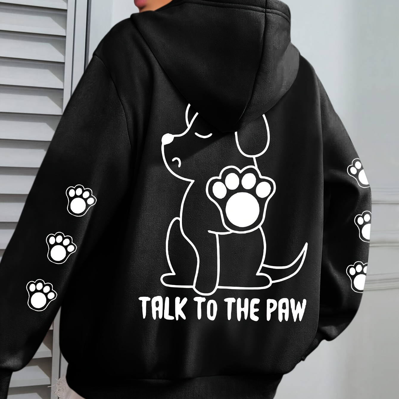 

Plus Size Dog Talk To The Paw Print Hoodie, Drawstring Casual Hooded Sweatshirt For Winter & Fall, Women's Plus Size Clothing