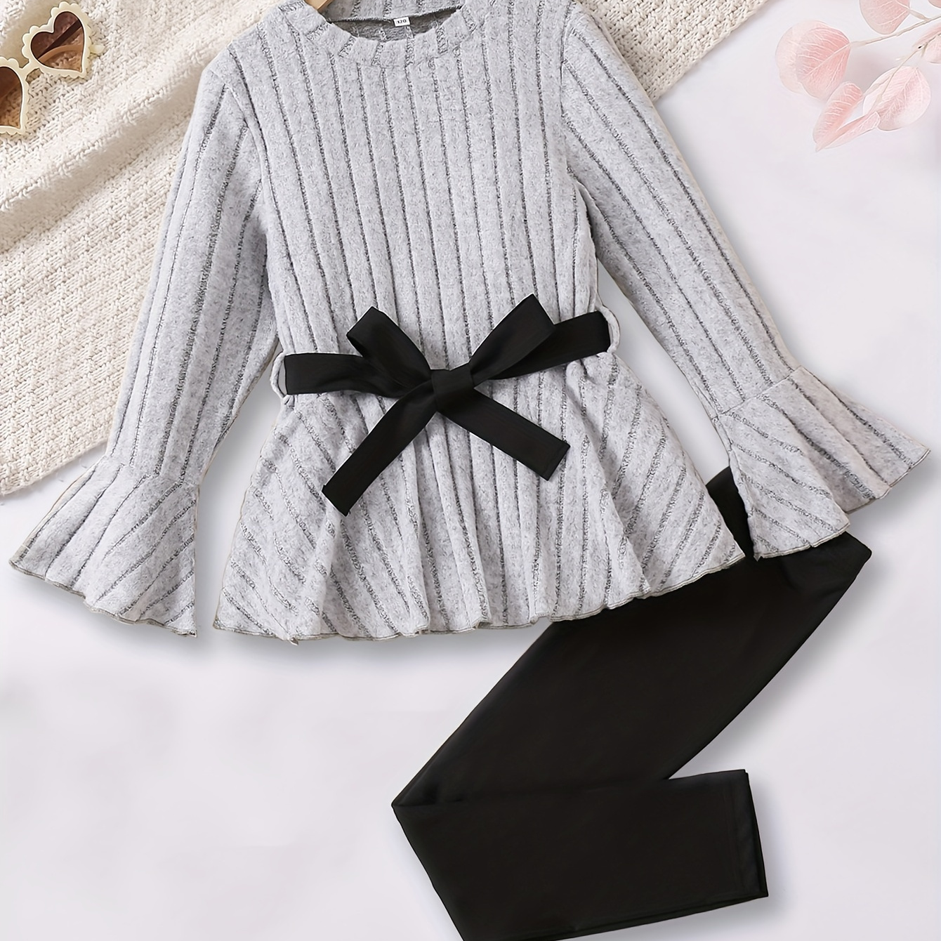 

1 Set 's Tie Waist Long-sleeve Ribbed Peplum Top + Leggings Pants - & Fall Outfit, As