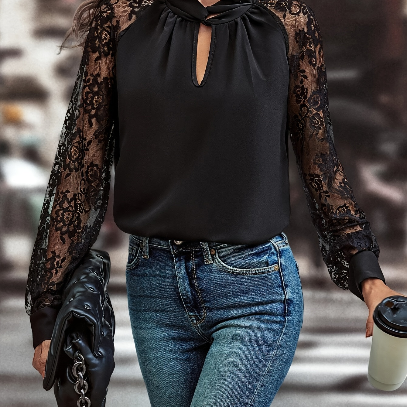 

Elegant Black Keyhole Neckline Contrast Lace Long Sleeve Blouse - Polyester, Collar, Machine Washable, Spring/autumn Wear For Adults