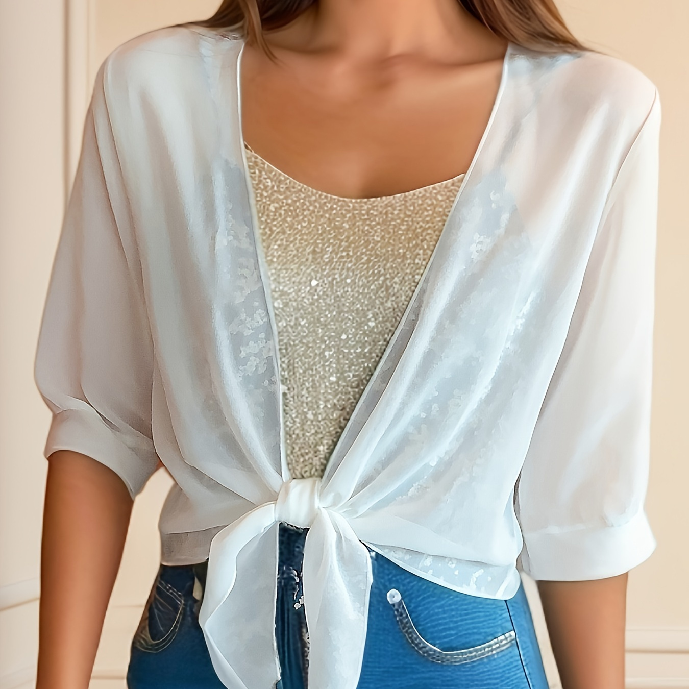 

Solid Color Tie Front Crop Blouse, Versatile Half Sleeve Blouse For Spring & Summer, Women's Clothing