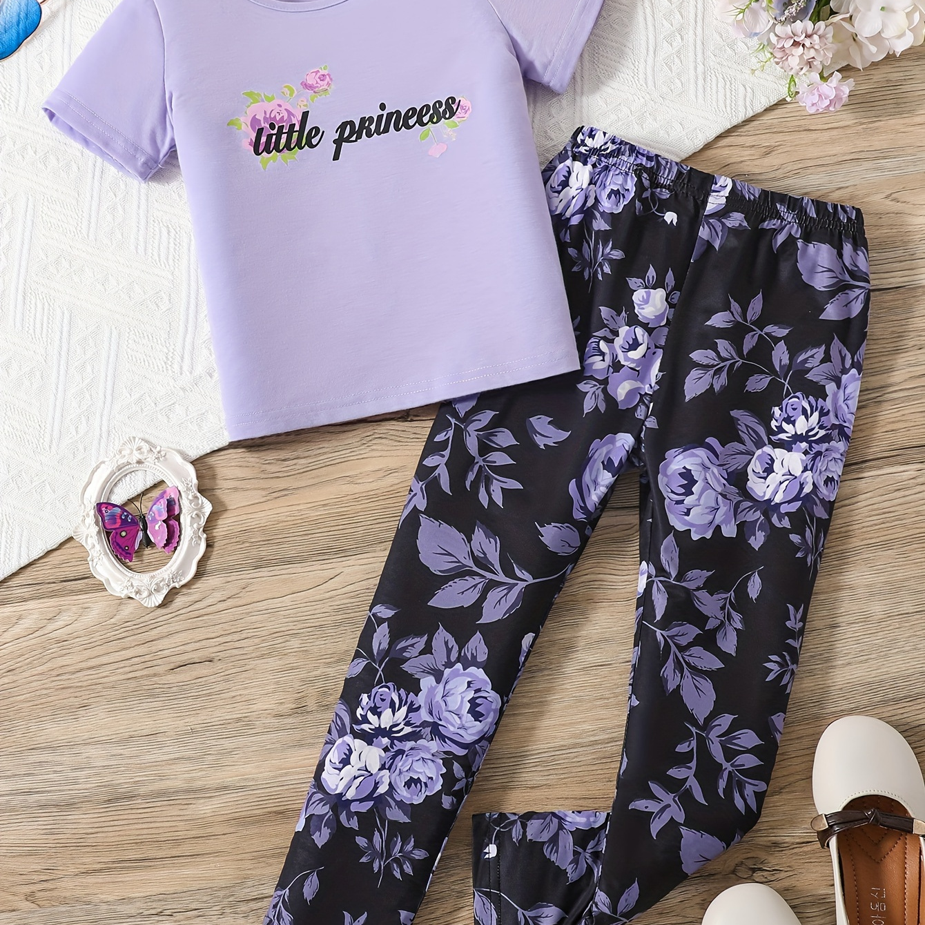 

2pcs Toddler Girls Letter And Flowers Graphic T-shirts Casual Round Neck Tees Top & Elastic Waist Leggings Set Kids Summer Clothes