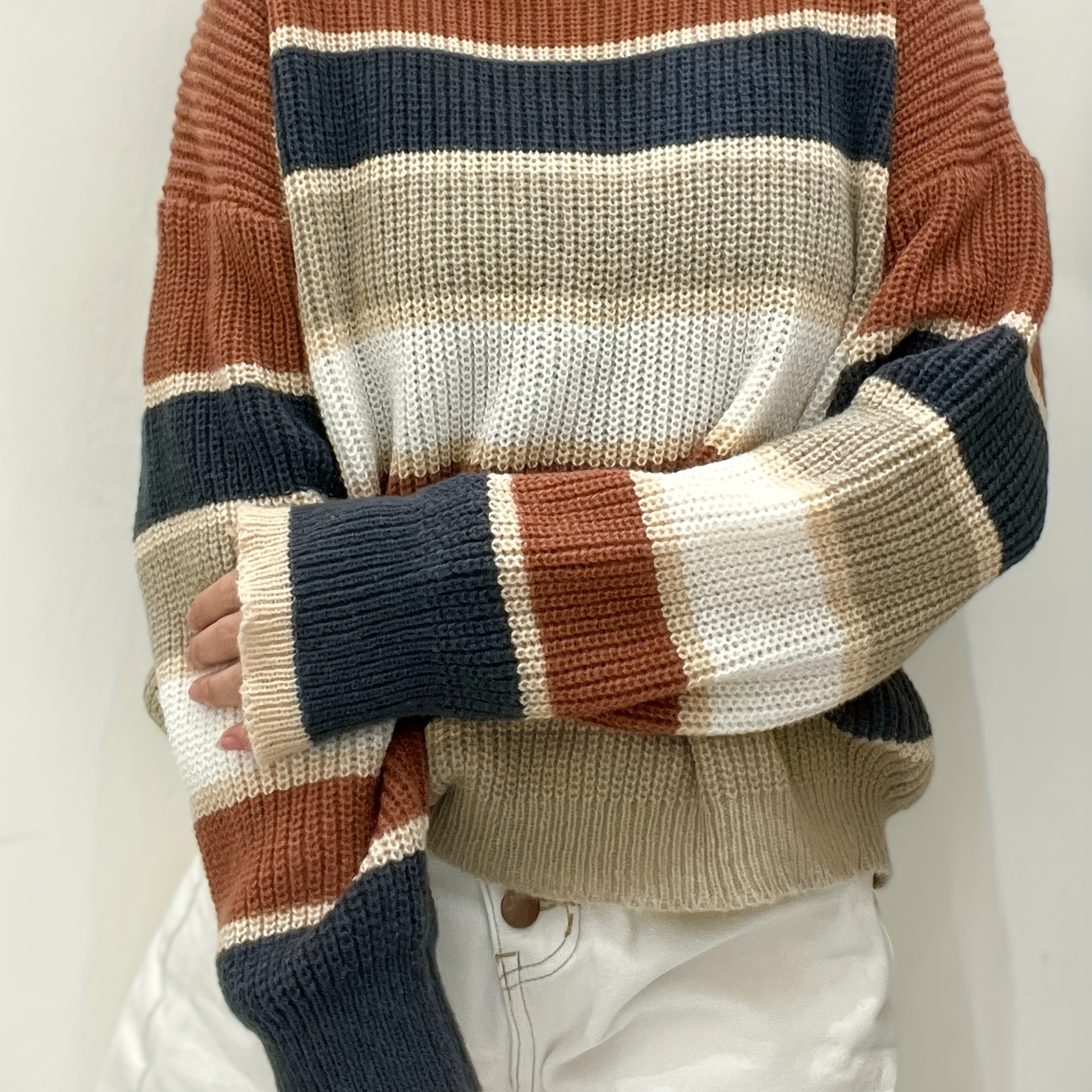 

Color Block Striped Pullover Sweater, Casual Crew Neck Long Sleeve Sweater, Women's Clothing