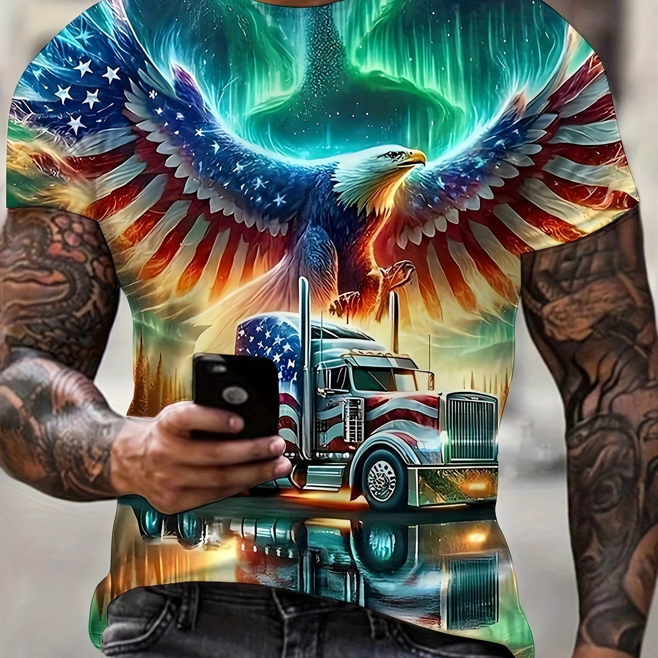 

Men's Patriotic 3d Eagle & American Flag Graphic T-shirt - Casual Round Neck, Polyester, Machine Washable, Vibrant Colors, Tshirt|patriotic Design| , American Flag Clothes