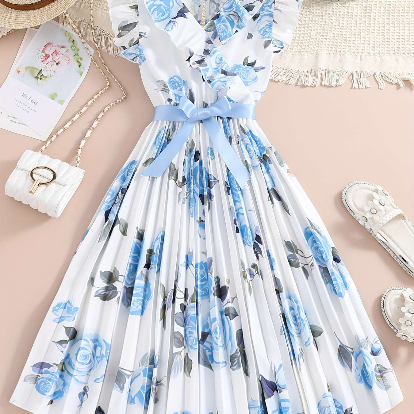 

Girls Ruffle V-neck Blue Rose Floral Pleated Tunic Dress, Casual Elegant Dresses For Summer Going Out