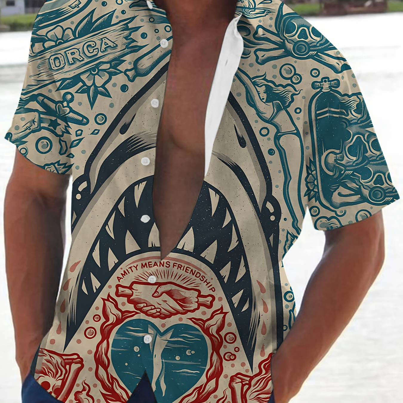 

Retro Comic Shark 3d Print Men's Short Sleeve Lapel Hawaiian Shirt, Summer Vacation