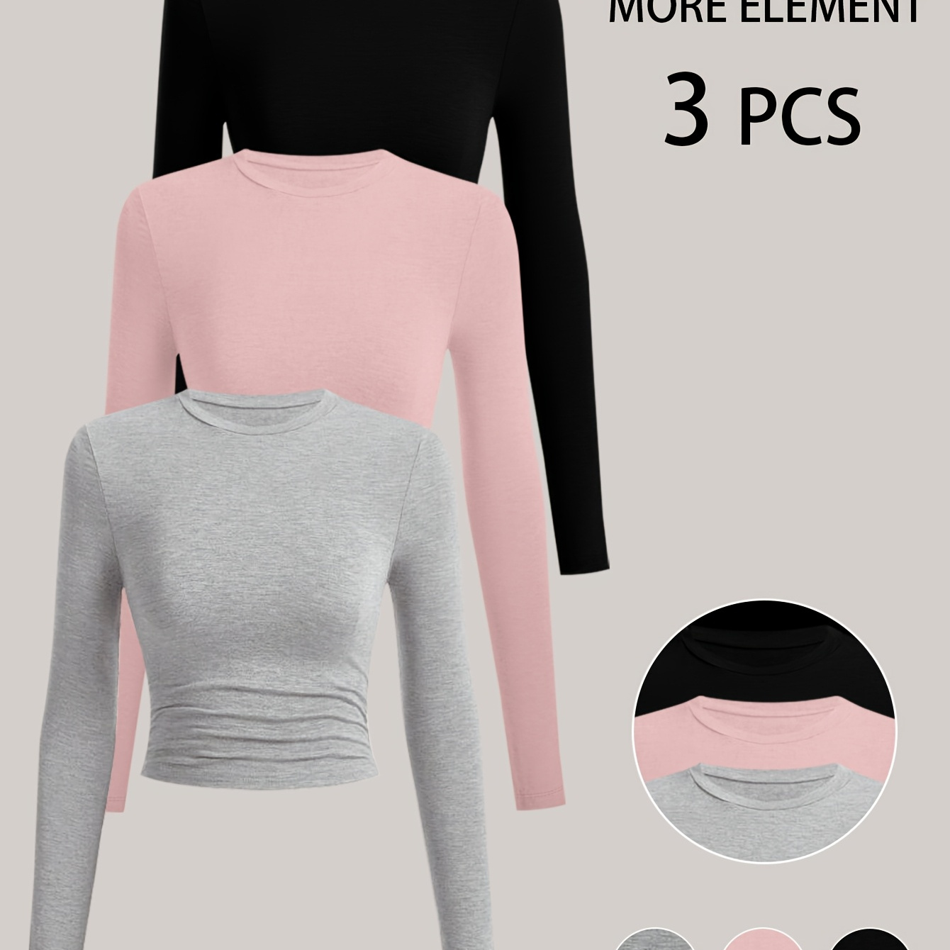 

3pcs Women's Casual Long Sleeve T-shirts - Solid Color, Crew Neck With Ruched Detail, Stretchy Polyester , Machine Washable