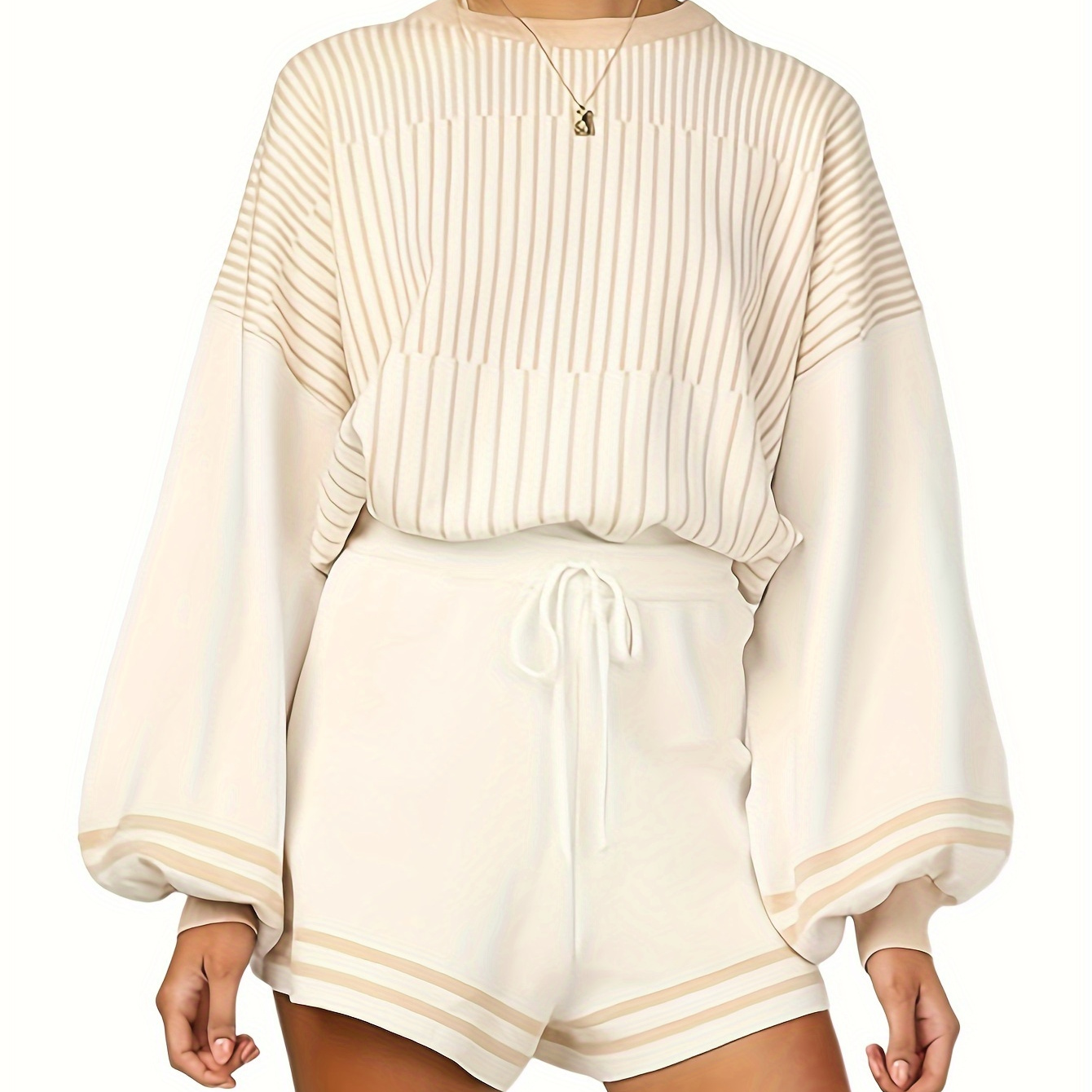 

Women's 2 Piece Outfits Knitted Striped Sweater Crewneck Pullover Tops Shorts Set