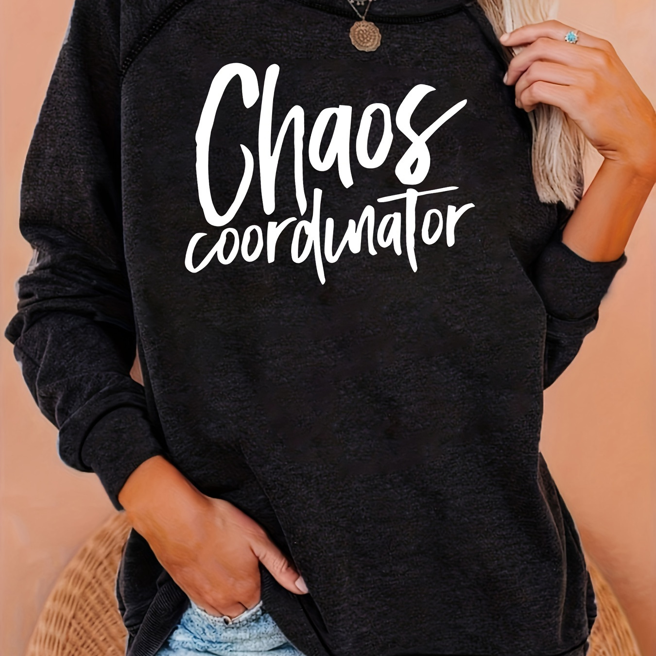 

Coordinator Letter Print Sweatshirt For Women - Casual Polyester H-fit Pullover With Long Sleeves, Round Neck, And Slouchy Shoulder Design For Spring/fall