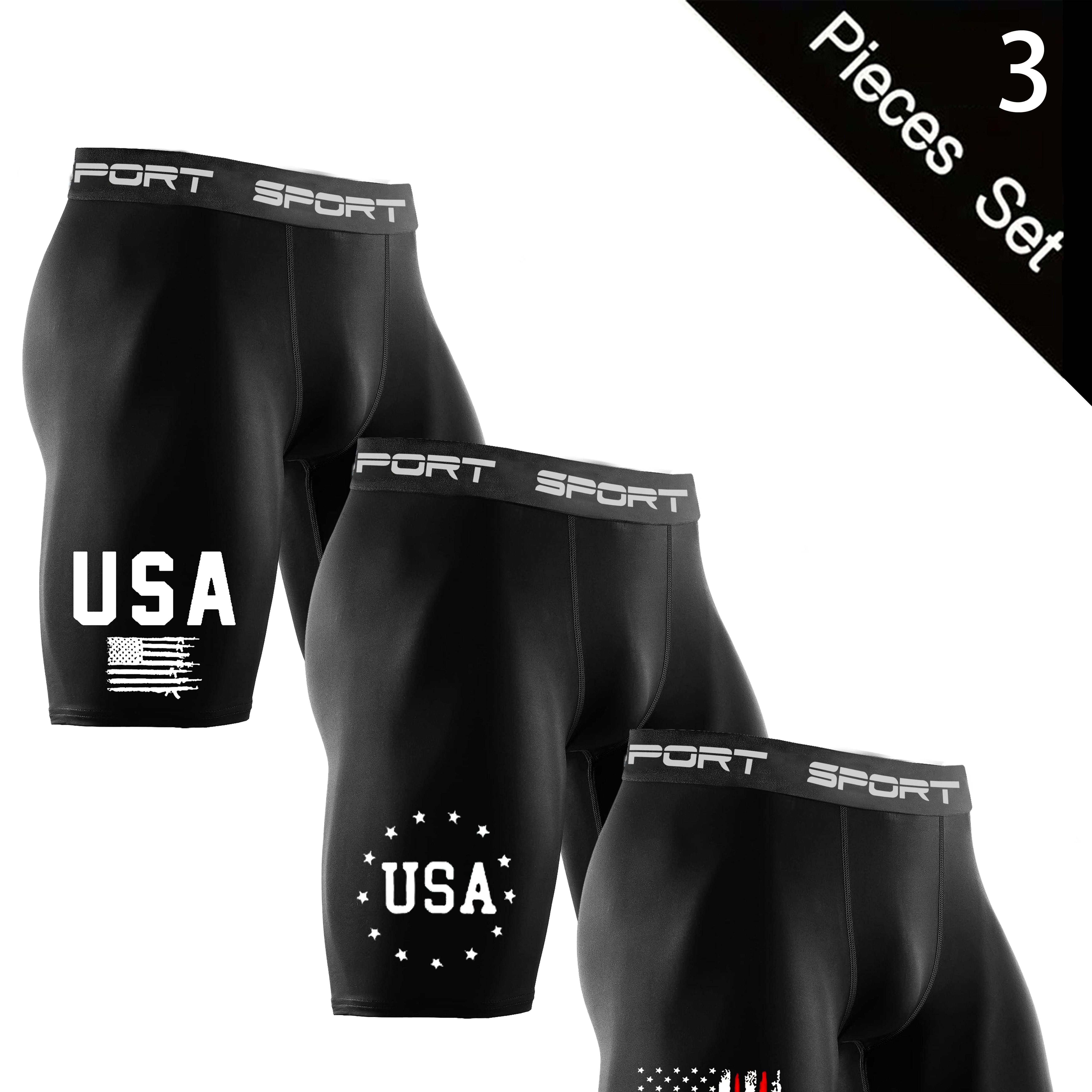 

3pcs Men' Shorts - Breathable, Stretchy Polyester , Usa Flag & Fort Sport Designs, Ideal For Cycling, Swimming, Running - Waistband With Drawstring, Fit