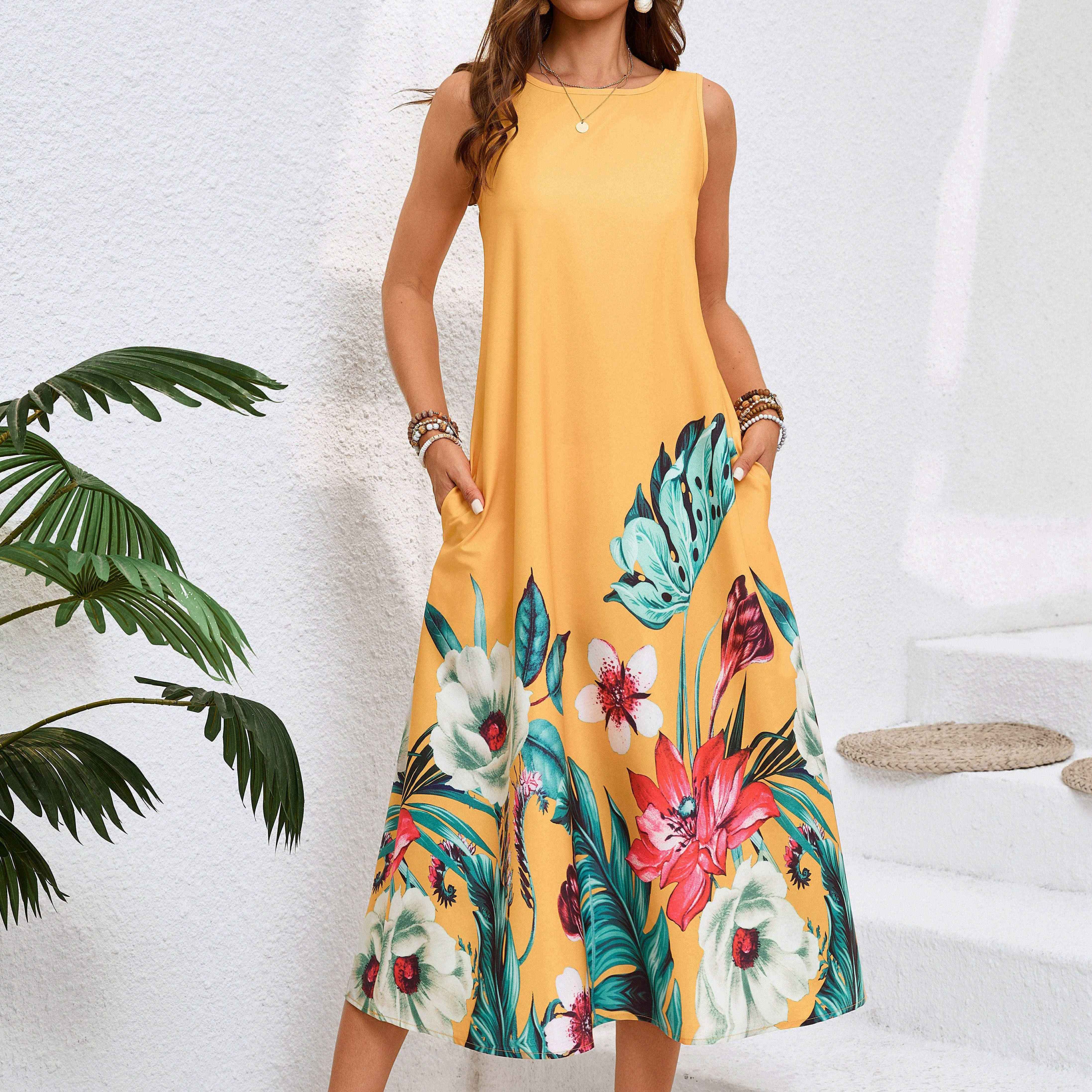 

Floral Print Slant Pocket Tank Dress, Vacation Sleeveless Crew Neck Loose Maxi Dress, Women's Clothing