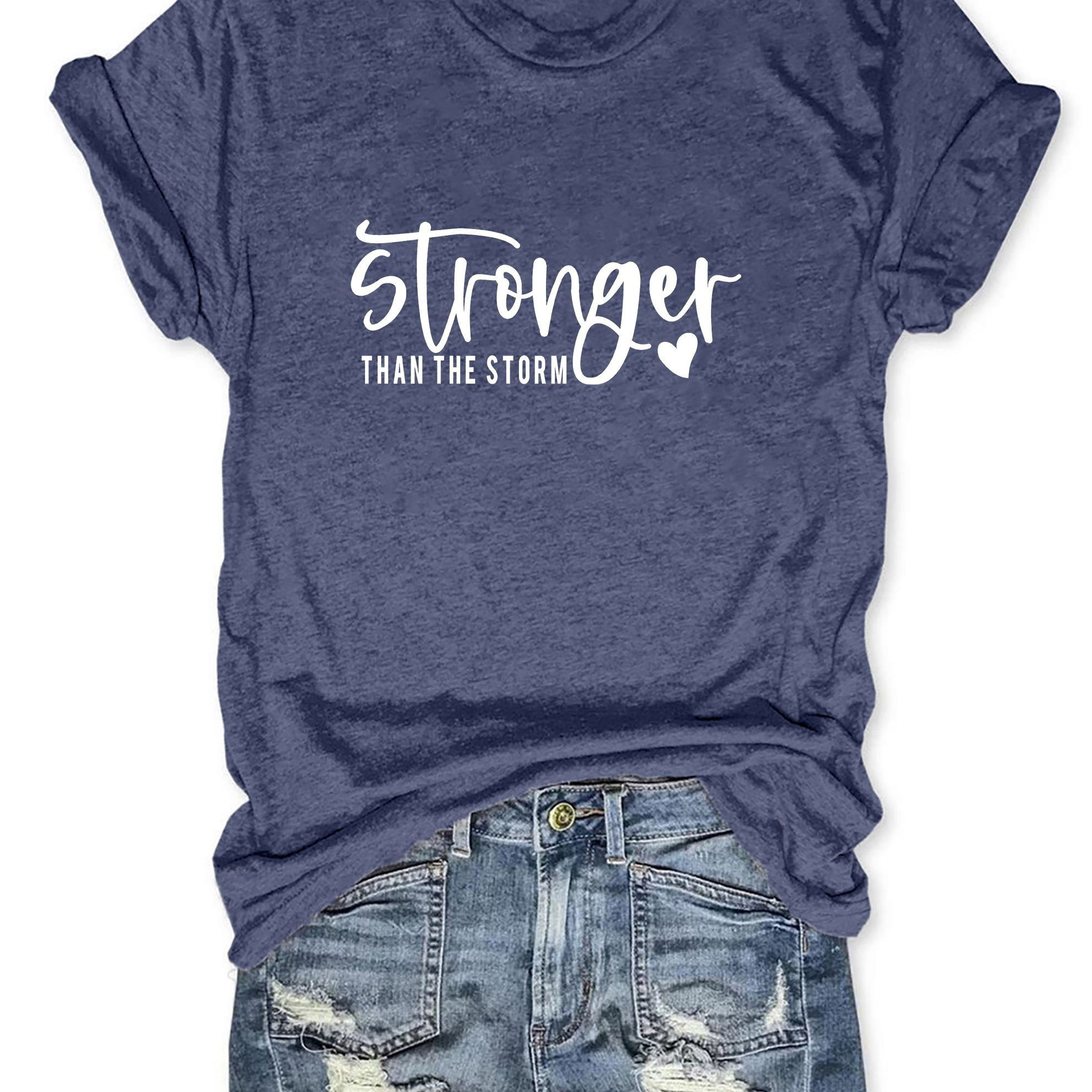 

Stronger & Heart Print T-shirt, Short Sleeve Crew Neck Casual Top For Summer & Spring, Women's Clothing