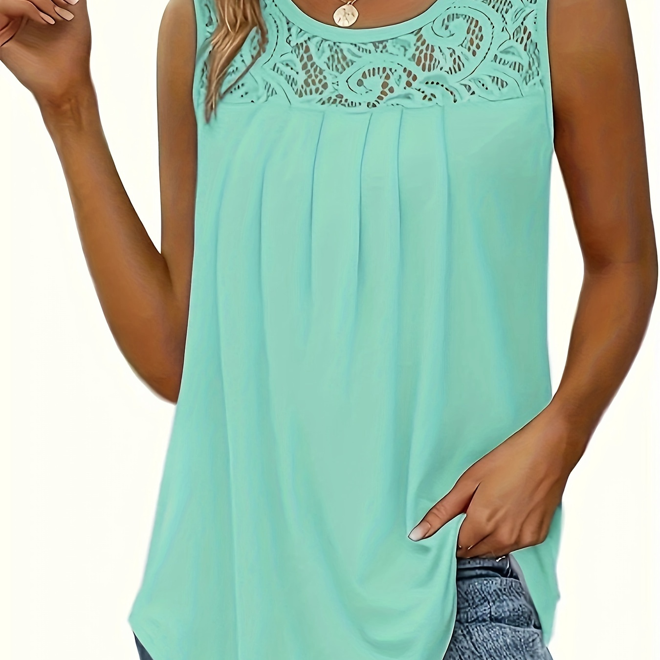 

Plus Size Contrast Lace Tank Top, Casual Crew Neck Sleeveless Top, Women's Plus Size clothing