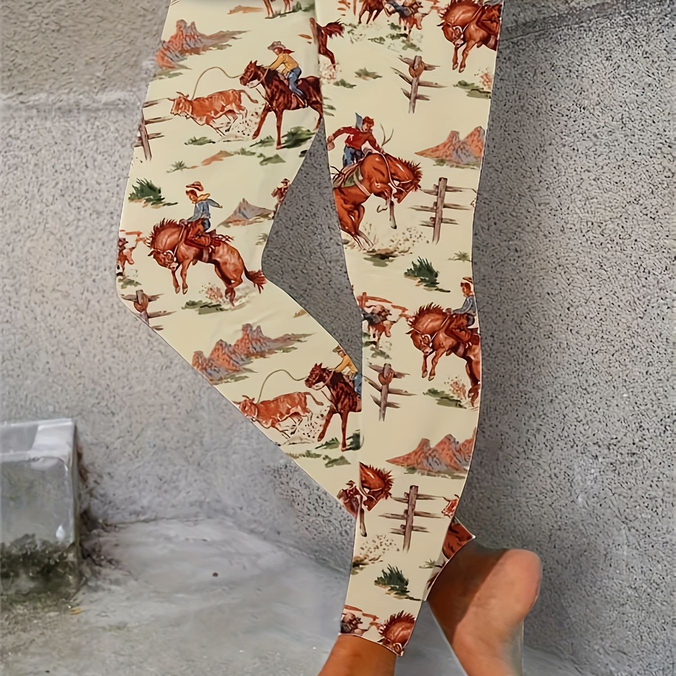 

Cowgirl Print Skinny Leggings, Casual Waist Stretchy Leggings, Women's Clothing