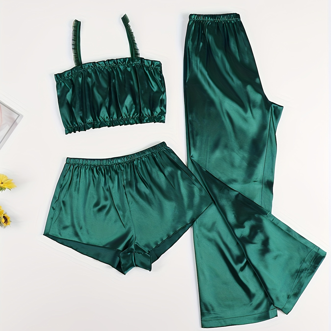 

3 Piece Casual Solid Sleep Set, Camisole Top + Elastic Waistband Shorts + Lounge Pants, Women's Loungewear & Sleepwear
