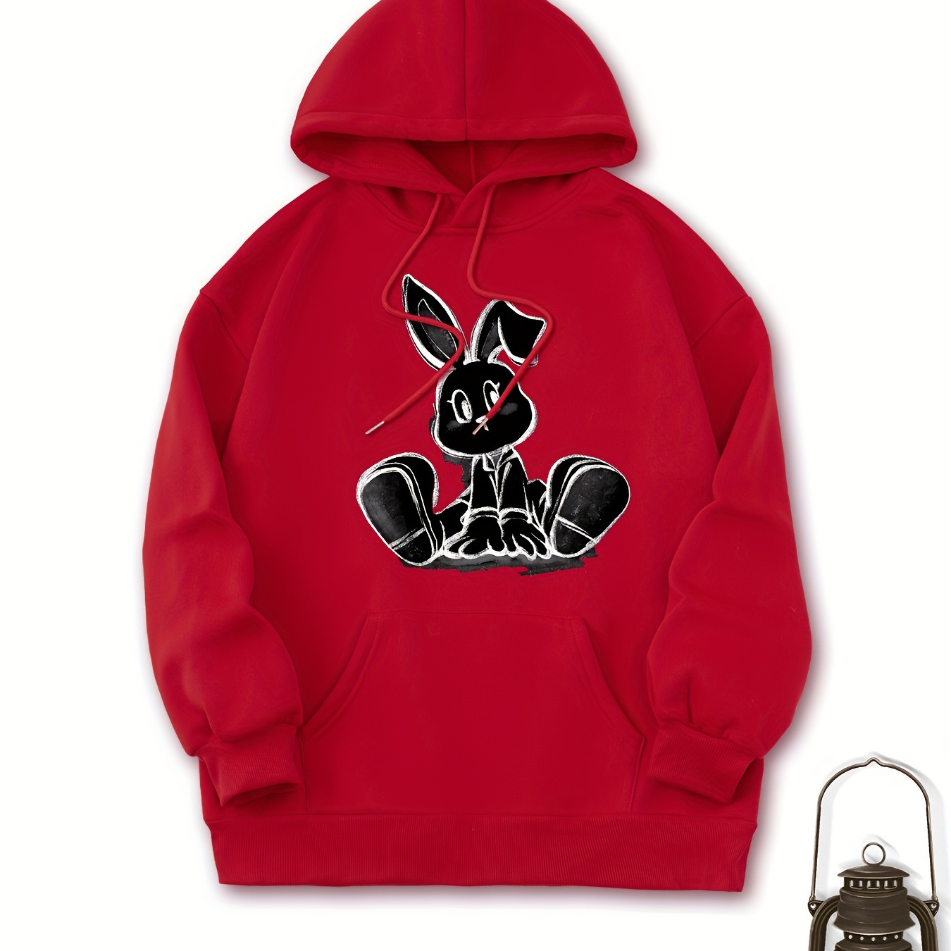 

Black Bunny Print Solid Color Drawstring Hoodie, Pullover Drawstring Kangaroo Pocket Active Hooded Sweatshirt, Women's Sweatshirts