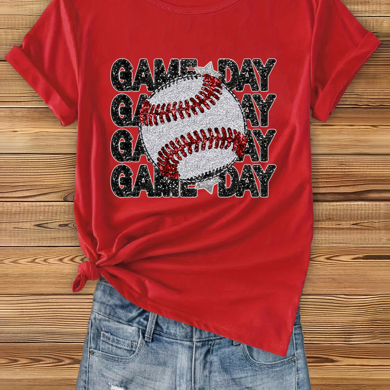 

Baseball Graphic Print T-shirt, Short Sleeve Crew Neck Casual Top For Summer & Spring, Women's Clothing