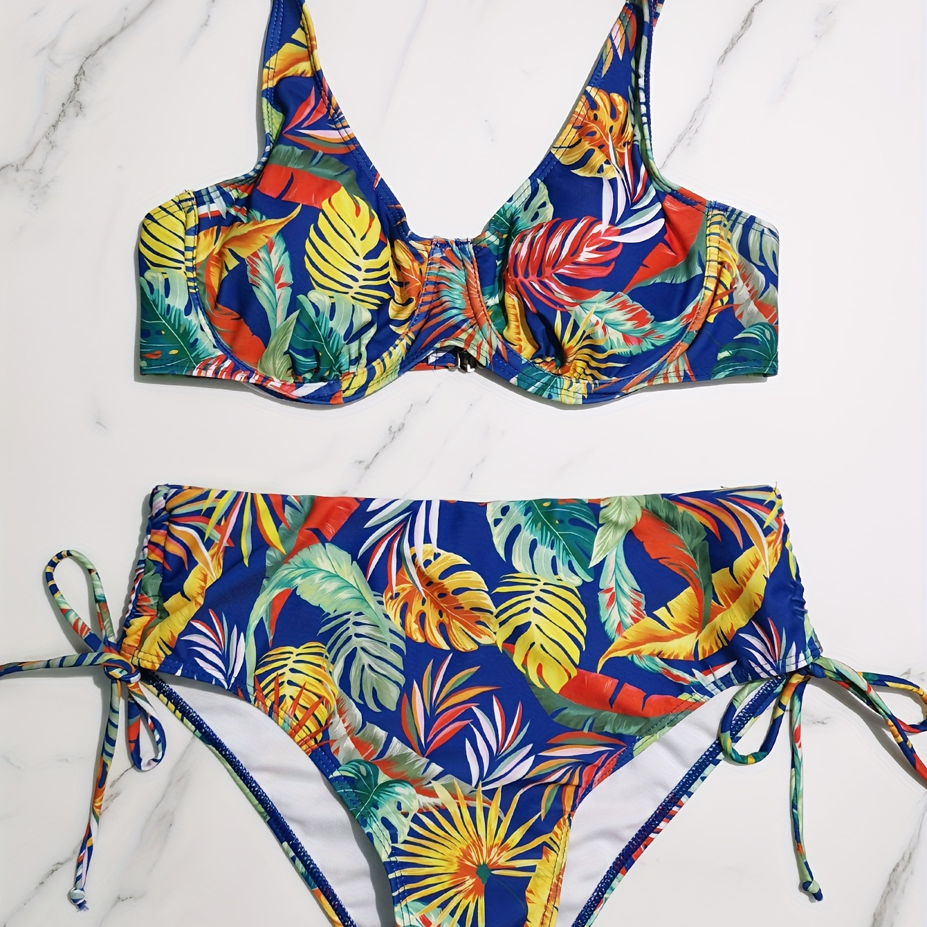 

Tropical Print V Neck Side Drawstring 2 Piece Set Bikini, High Stretchy Colorful Swimsuits, Women's Swimwear & Clothing