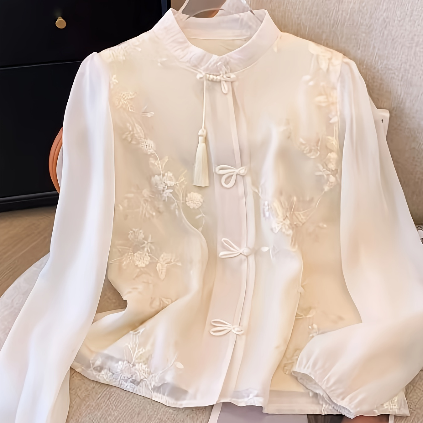 

Floral Embroidered Button Front Blouse, Vintage Long Sleeve Blouse For Spring & Fall, Women's Clothing