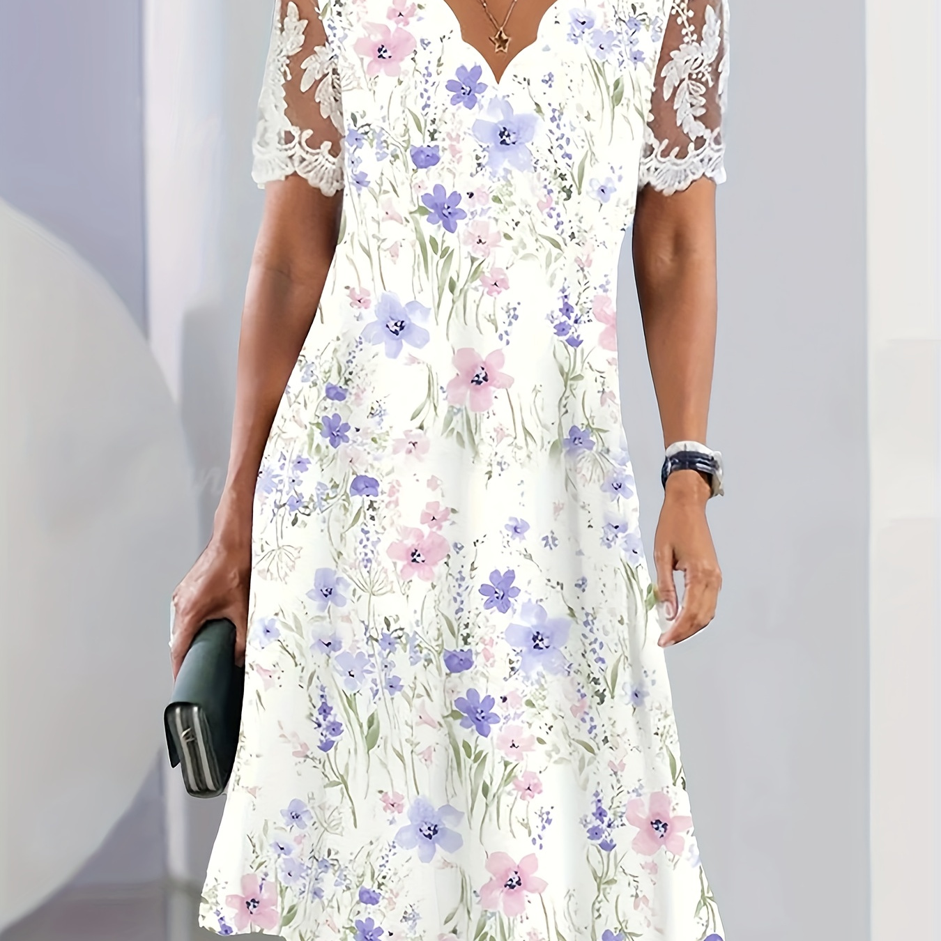 

Floral Print Scallop Trim Dress, Casual Lace Stitching A-line Dress For Spring & Summer, Women's Clothing