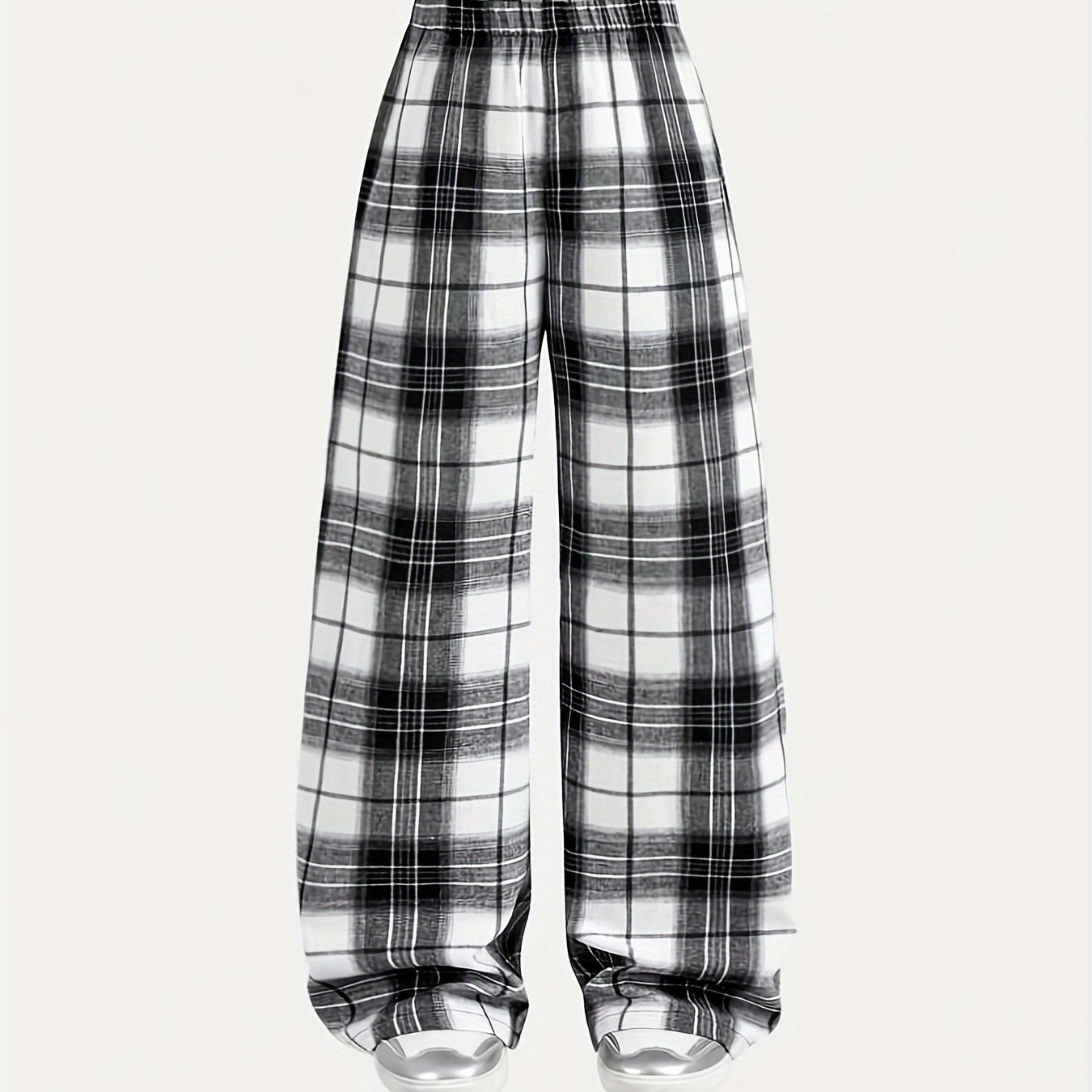 Girls' Vintage Plaid Wide-Leg Pants - Loose Fit, Non-Stretch Fabric, Black & White Checkered Pattern, Perfect for Spring/Fall Casual Wear, Spring Fall Attire | Checkered Pattern Pants | Nonstretch Fabric, for Outdoor