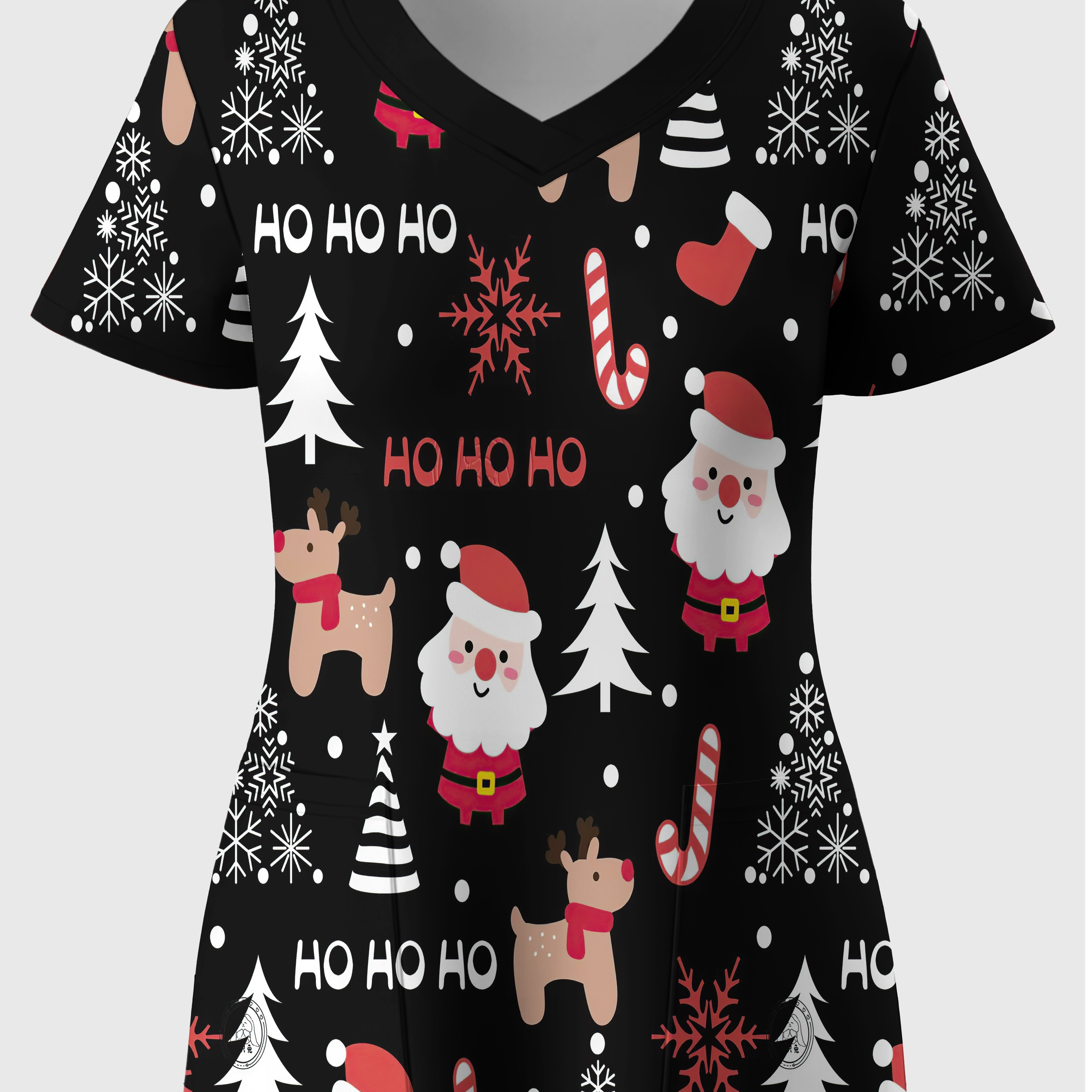 

Size Women's V-neck Scrub Top With Christmas Print - Short Sleeve, Pockets Included