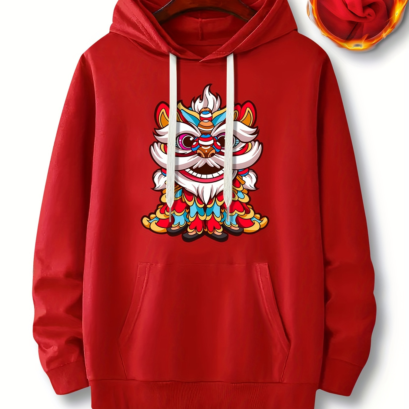 

Chinese Lion Print Kangaroo Pocket Hoodie, Casual Long Sleeve Hoodies Pullover Sweatshirt, Men's Clothing, For Fall Winter