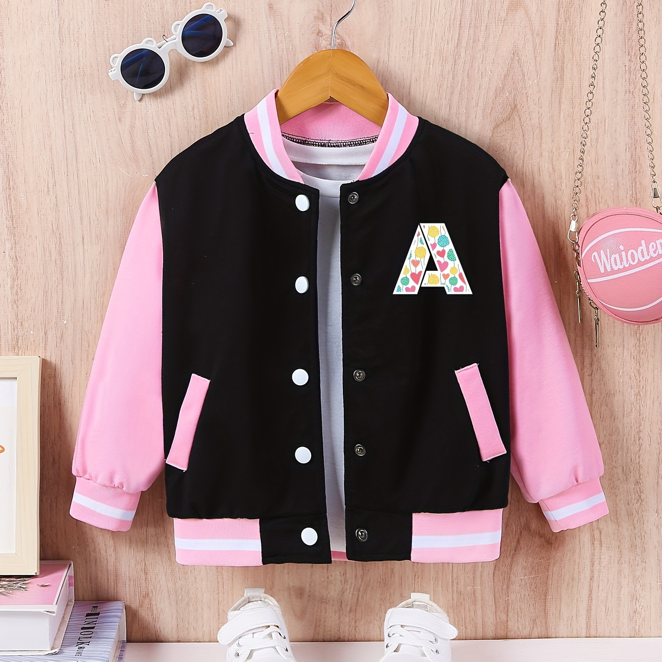 

Girls (1-13y) Trendy Floral 'a' Alphabet Graphic Varsity Jacket, Band Collar Color Block Sporty Uniform Bomber Jackets