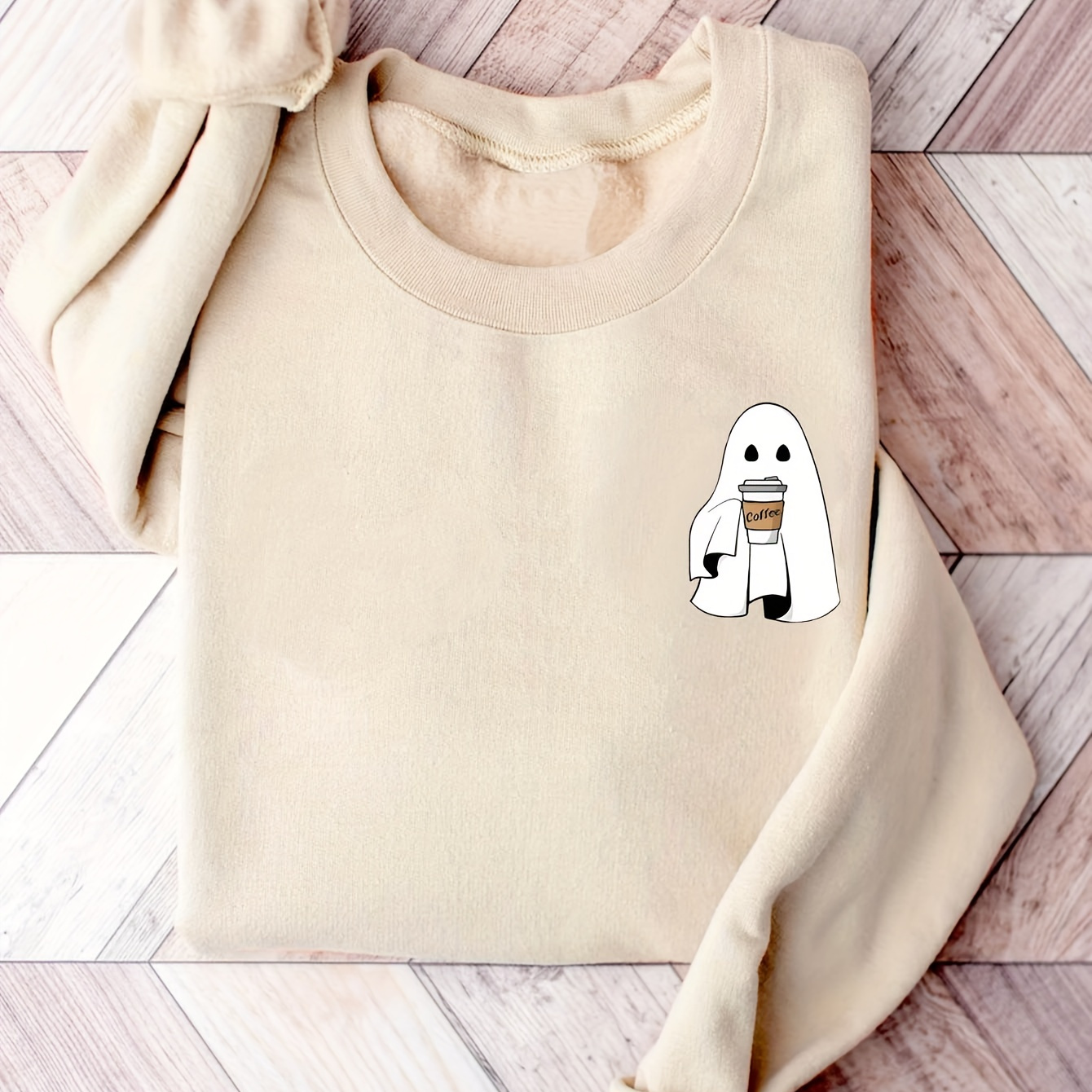 

Halloween Ghost Print Pullover Sweatshirt, Cute Long Sleeve Crew Neck Sweatshirt, Women's Clothing