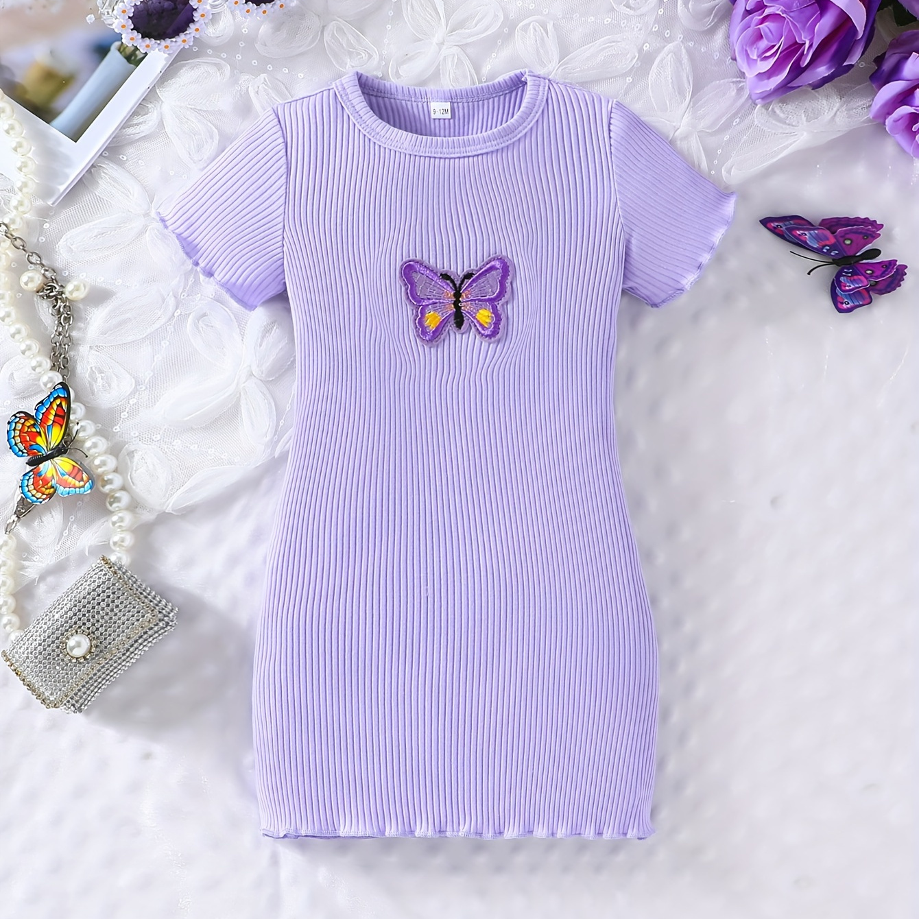 

Baby's Butterfly Embroidered Ribbed Cotton Short Sleeve Dress, Infant & Toddler Girl's Clothing For Summer/spring, As Gift