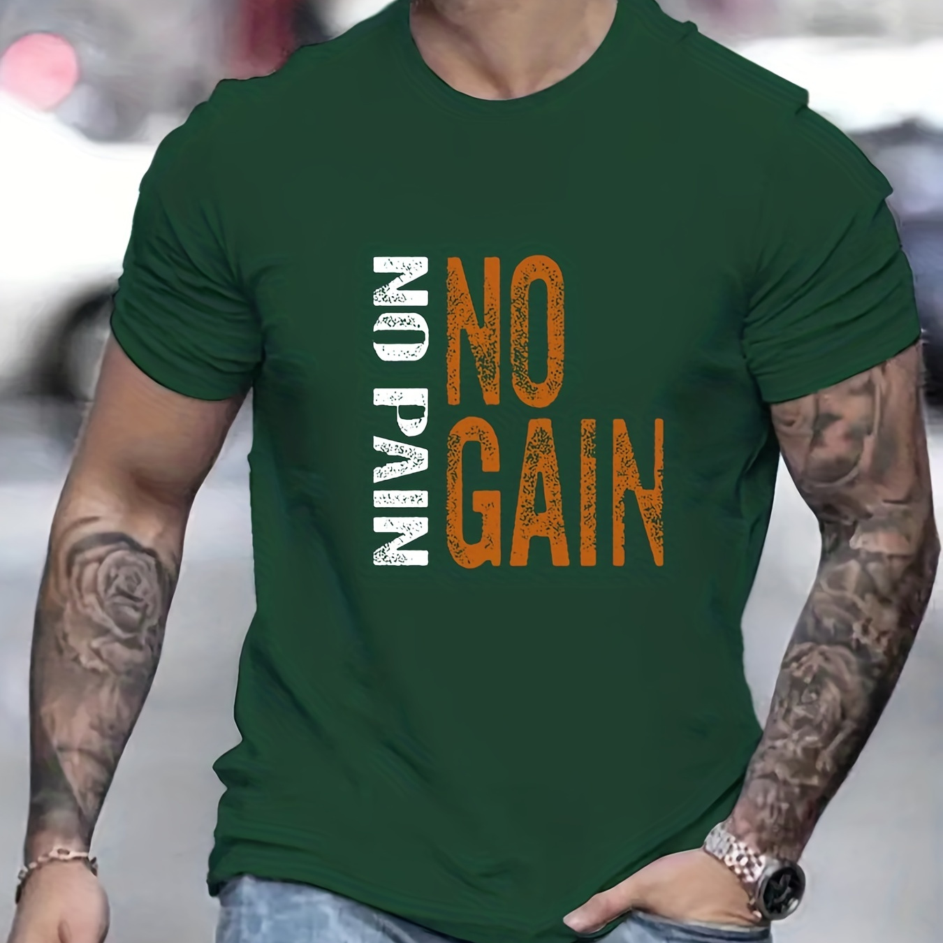 

Men's Trendy Letter Print T-shirt, Casual Comfy "no Pain No Gain" Slightly Stretch Crew Neck Loose Tee Top For Summer Outdoor