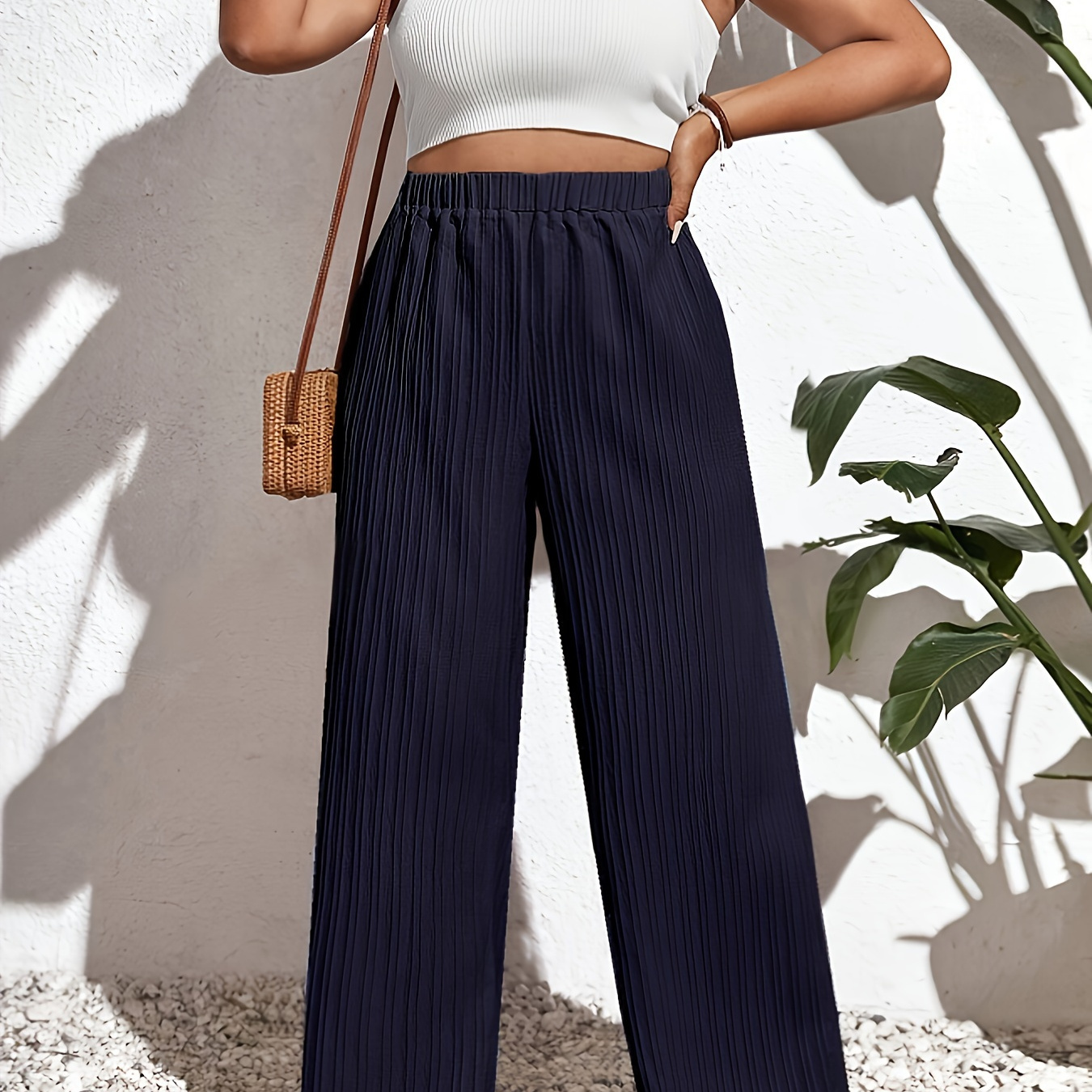 

Plus Size Solid Textured Wide Leg Pants, Casual Elastic Waistband Loose Pants For Spring & Summer, Women's Plus Size clothing