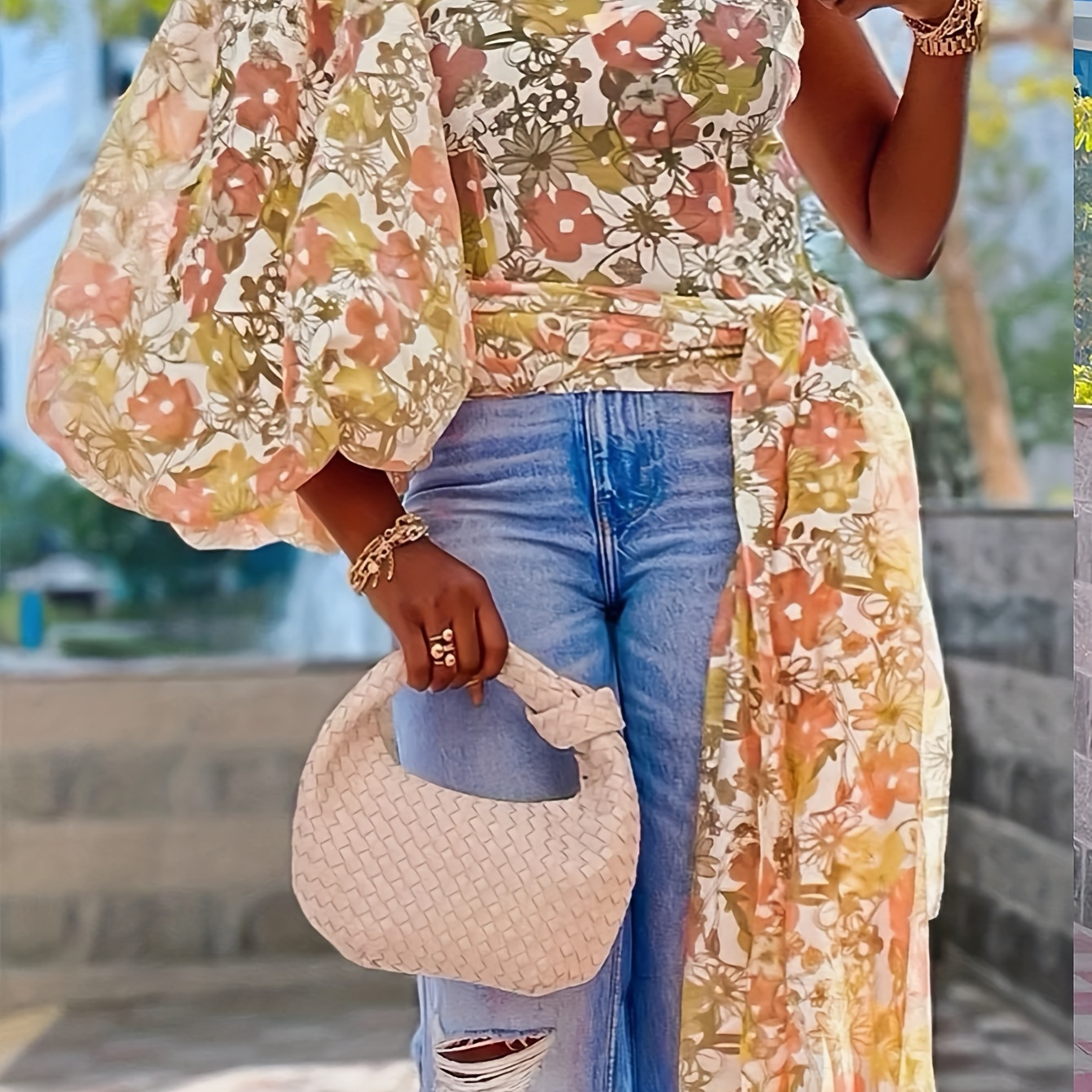 

Plus Size Floral Print Lace Up Blouse, Elegant 1 Shoulder Lantern Sleeve Blouse For Spring, Women's Plus Size clothing