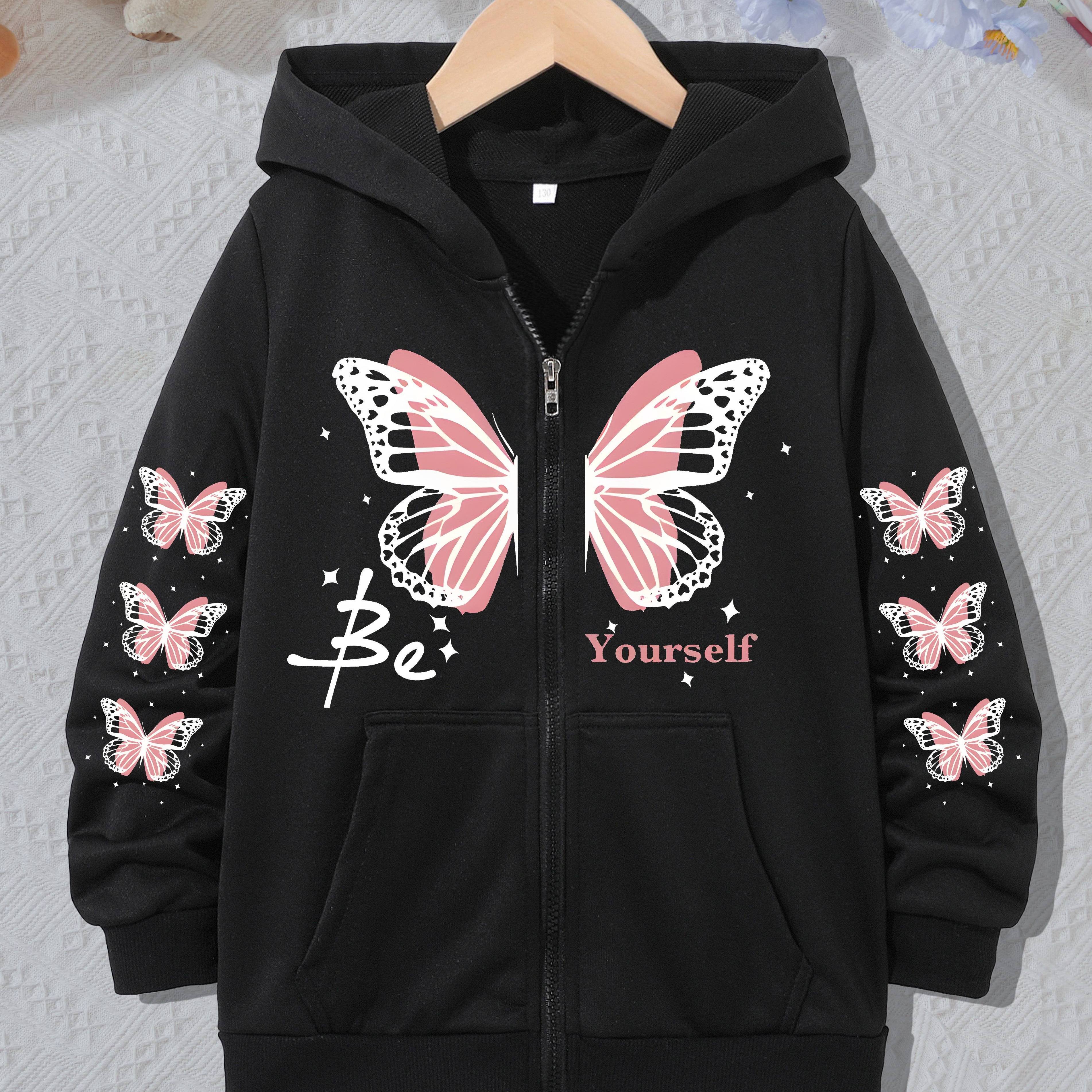 

Kids' Casual Butterfly Print Hooded Jacket - Polyester Knit Fabric, Slight Stretch, Regular Fit, Zipper Closure, Comfortable For Spring/fall - 12 & Under